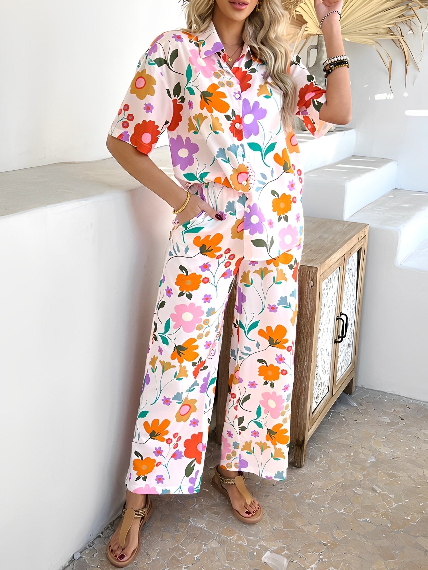 2 Pieces Short Sleeves Graphic Shirts & Wide Leg Pants Beach Set