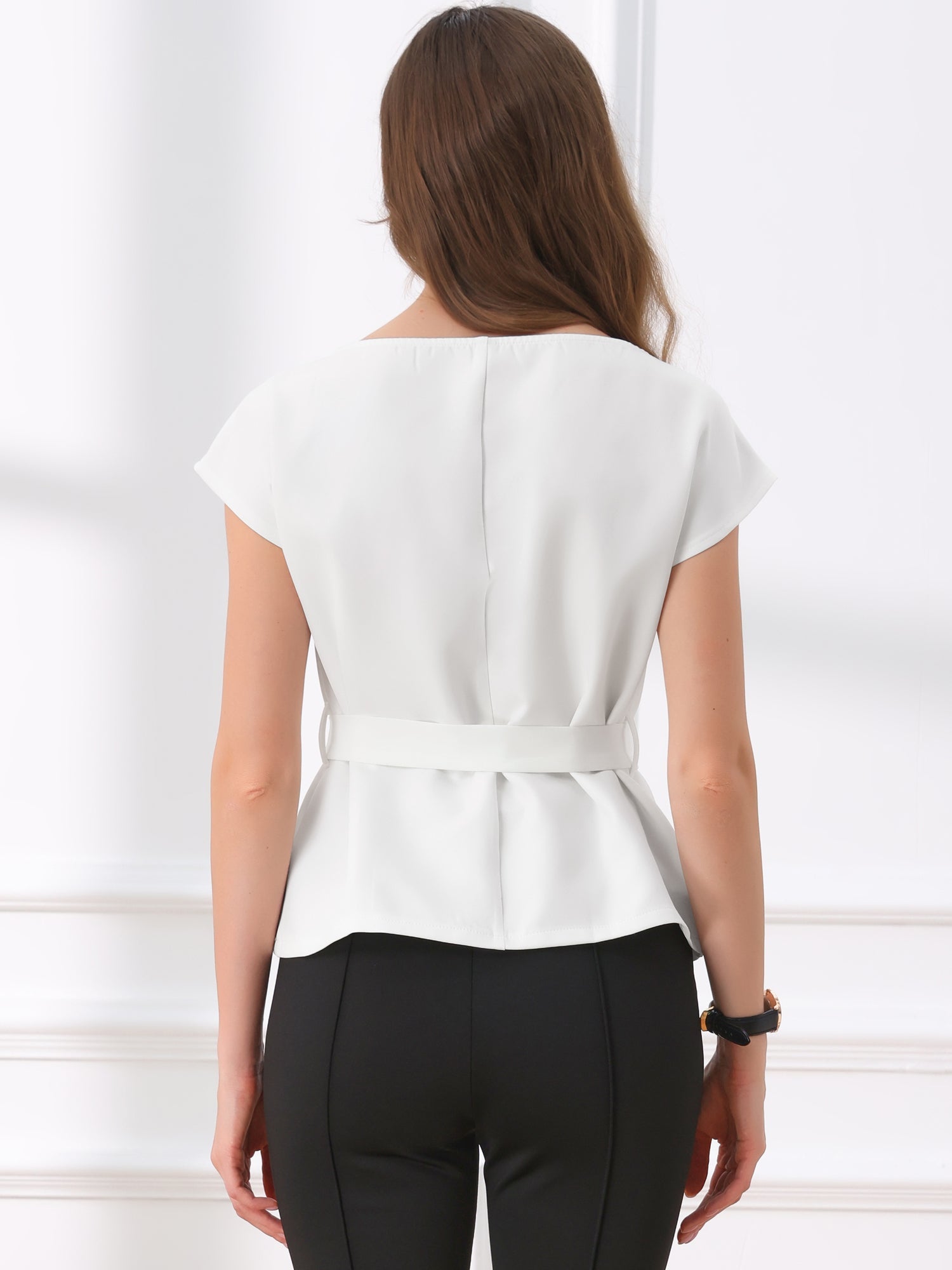 Cap Sleeve Boat Neck Office Work Belted Tops