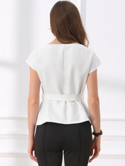 Cap Sleeve Boat Neck Office Work Belted Tops