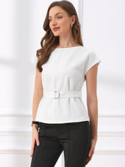 Cap Sleeve Boat Neck Office Work Belted Tops