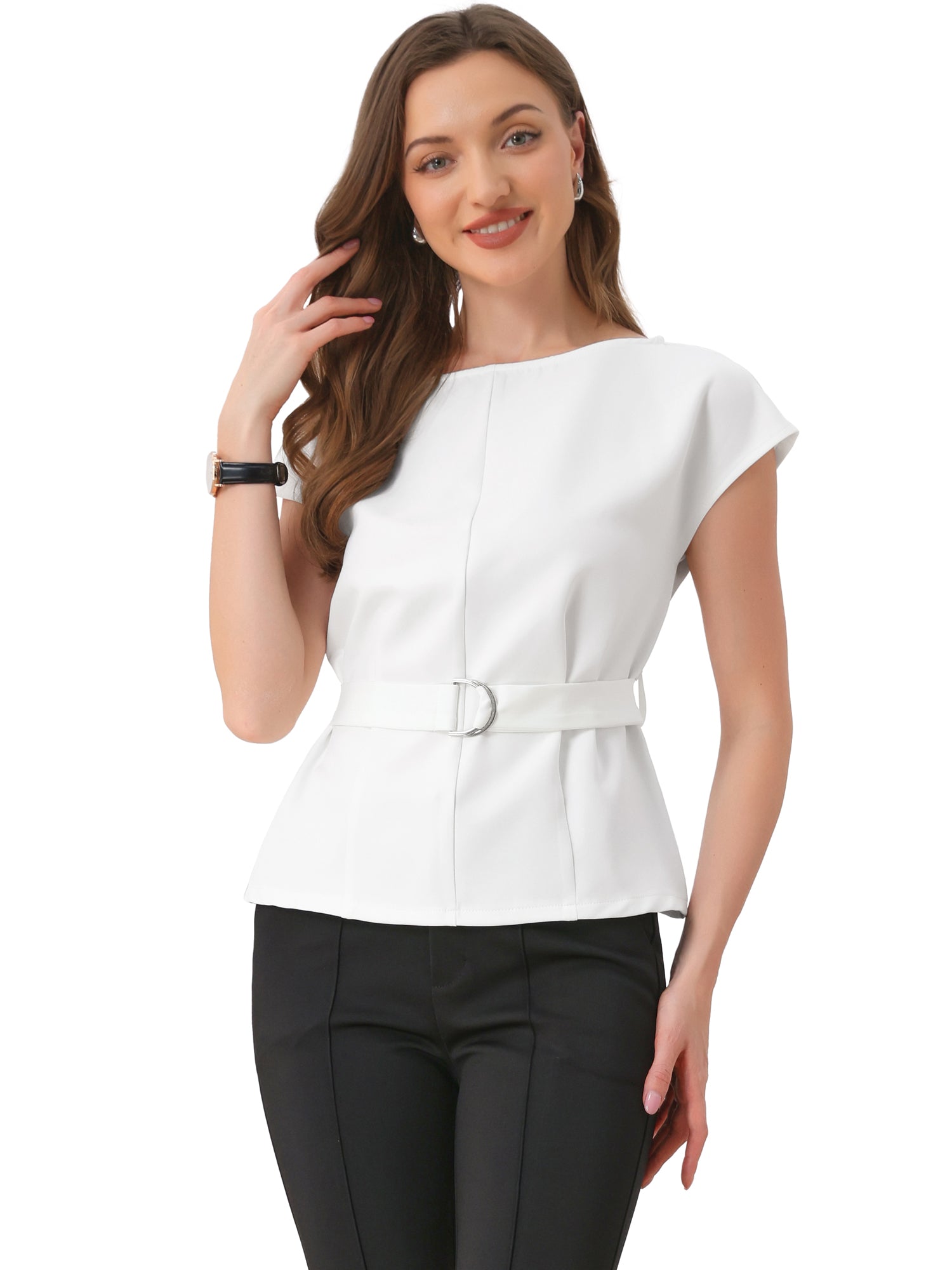 Cap Sleeve Boat Neck Office Work Belted Tops