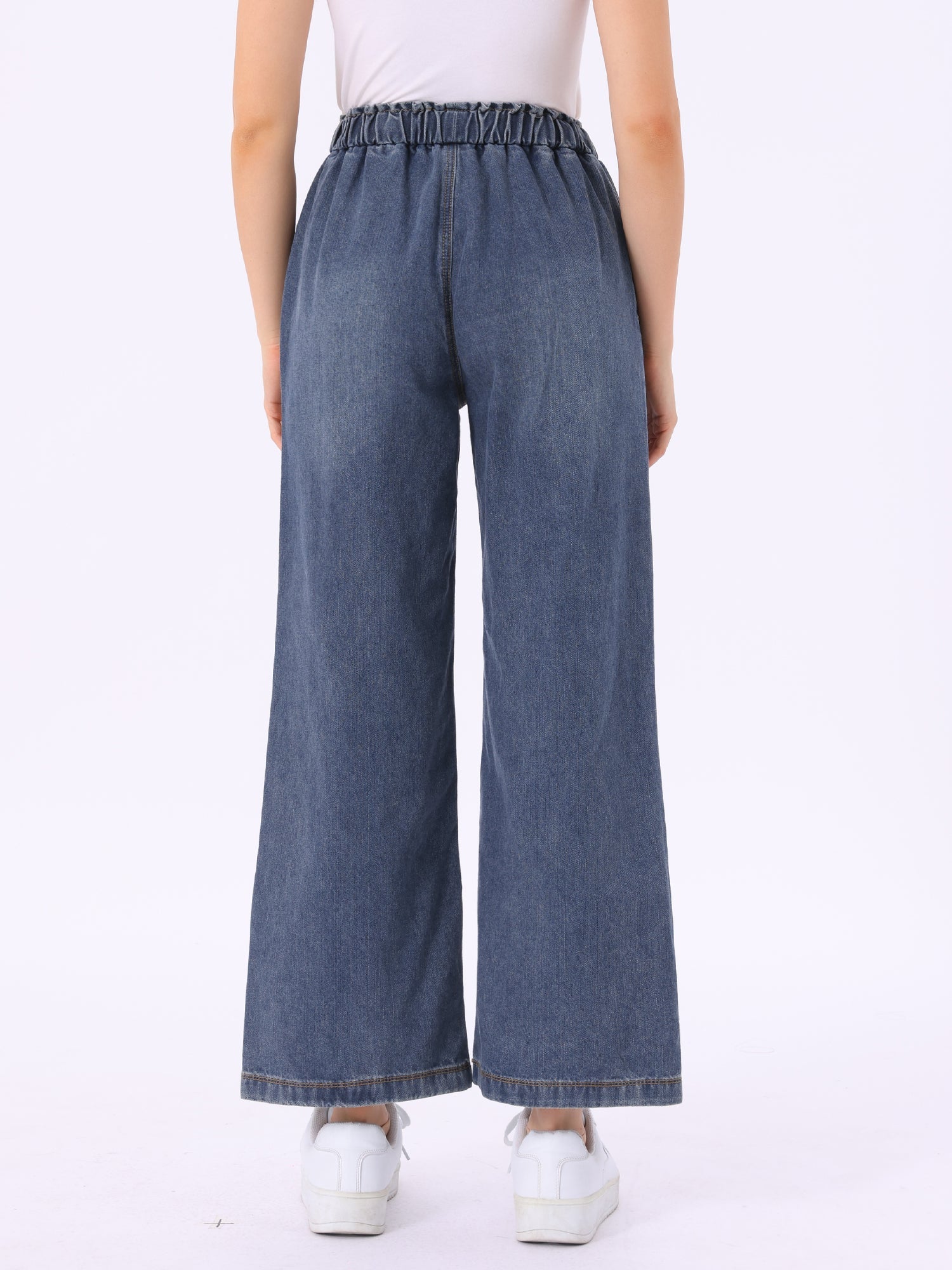 Casual Denim Pants Drawstring Elastic Waist Wide Legs Jeans