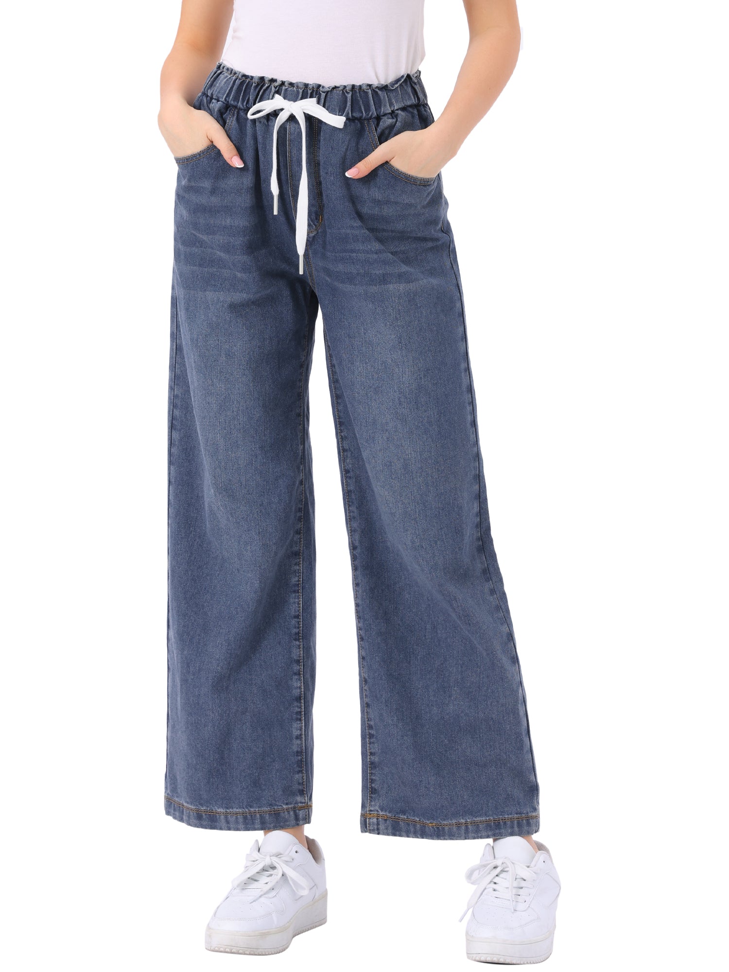 Casual Denim Pants Drawstring Elastic Waist Wide Legs Jeans