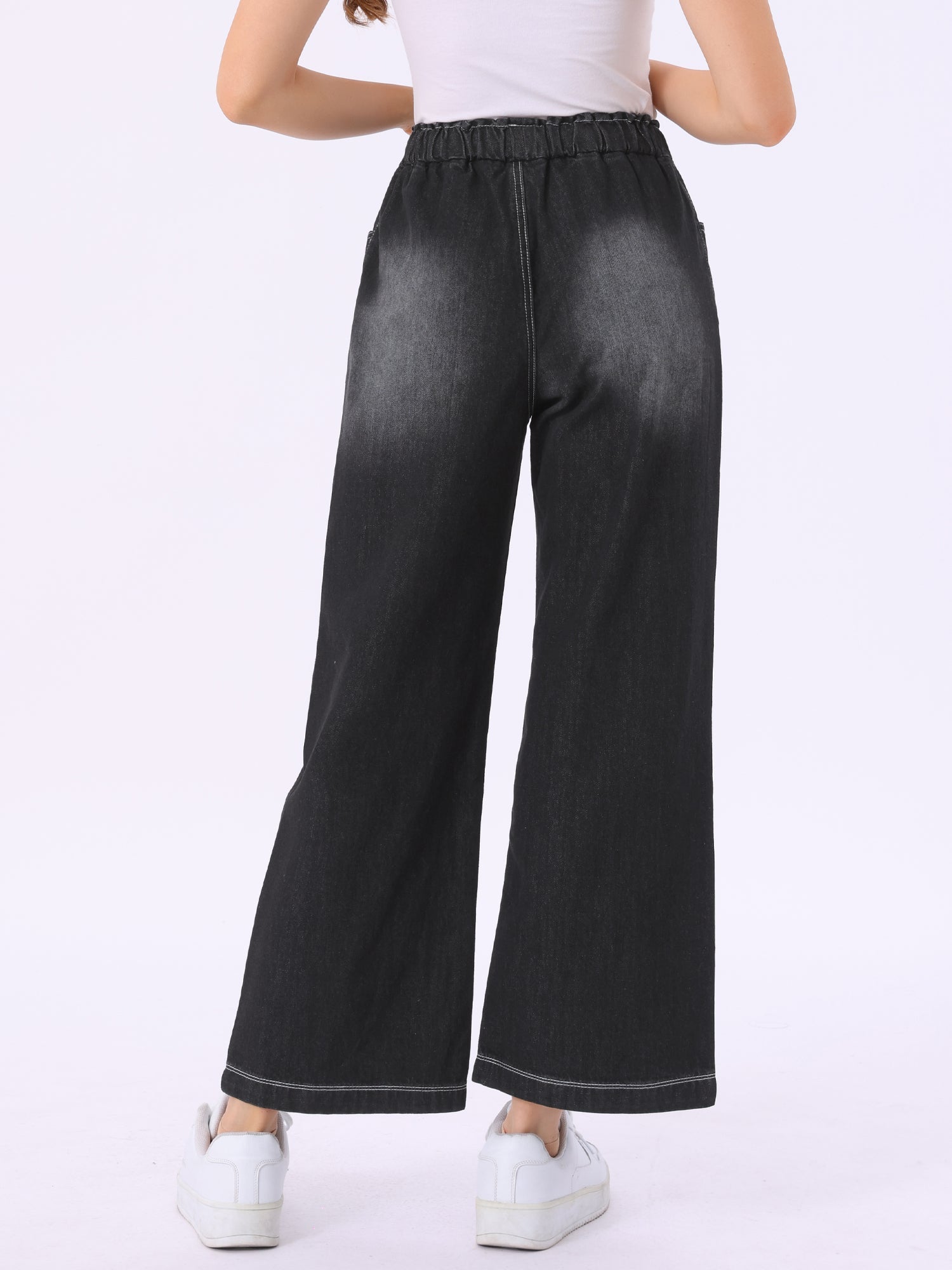 Casual Denim Pants Drawstring Elastic Waist Wide Legs Jeans