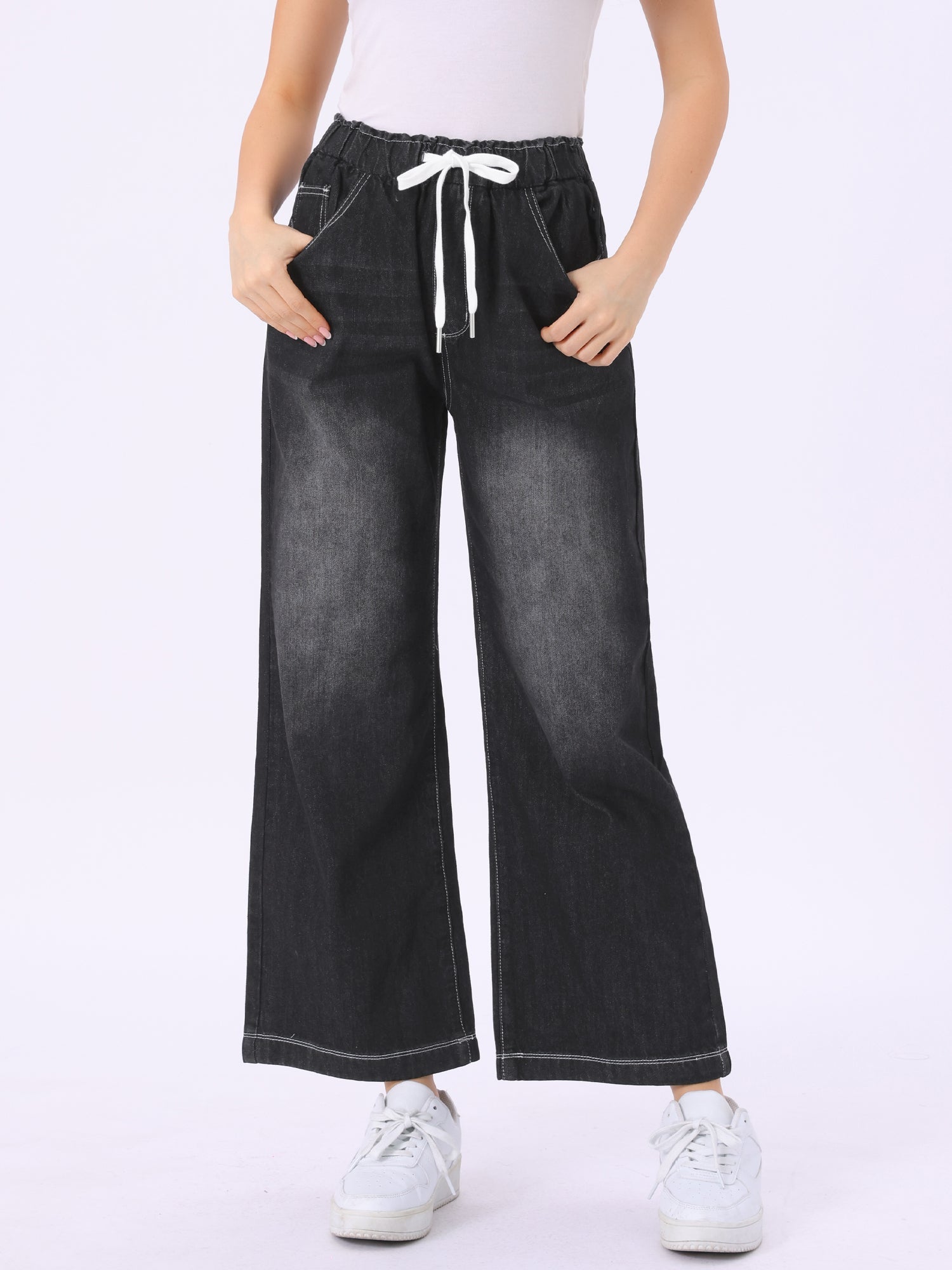 Casual Denim Pants Drawstring Elastic Waist Wide Legs Jeans
