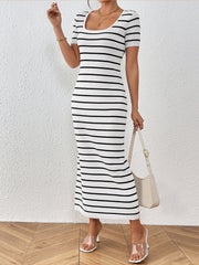 U Neck Short Sleeves Knitted Striped Maxi Dress