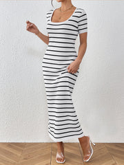 U Neck Short Sleeves Knitted Striped Maxi Dress