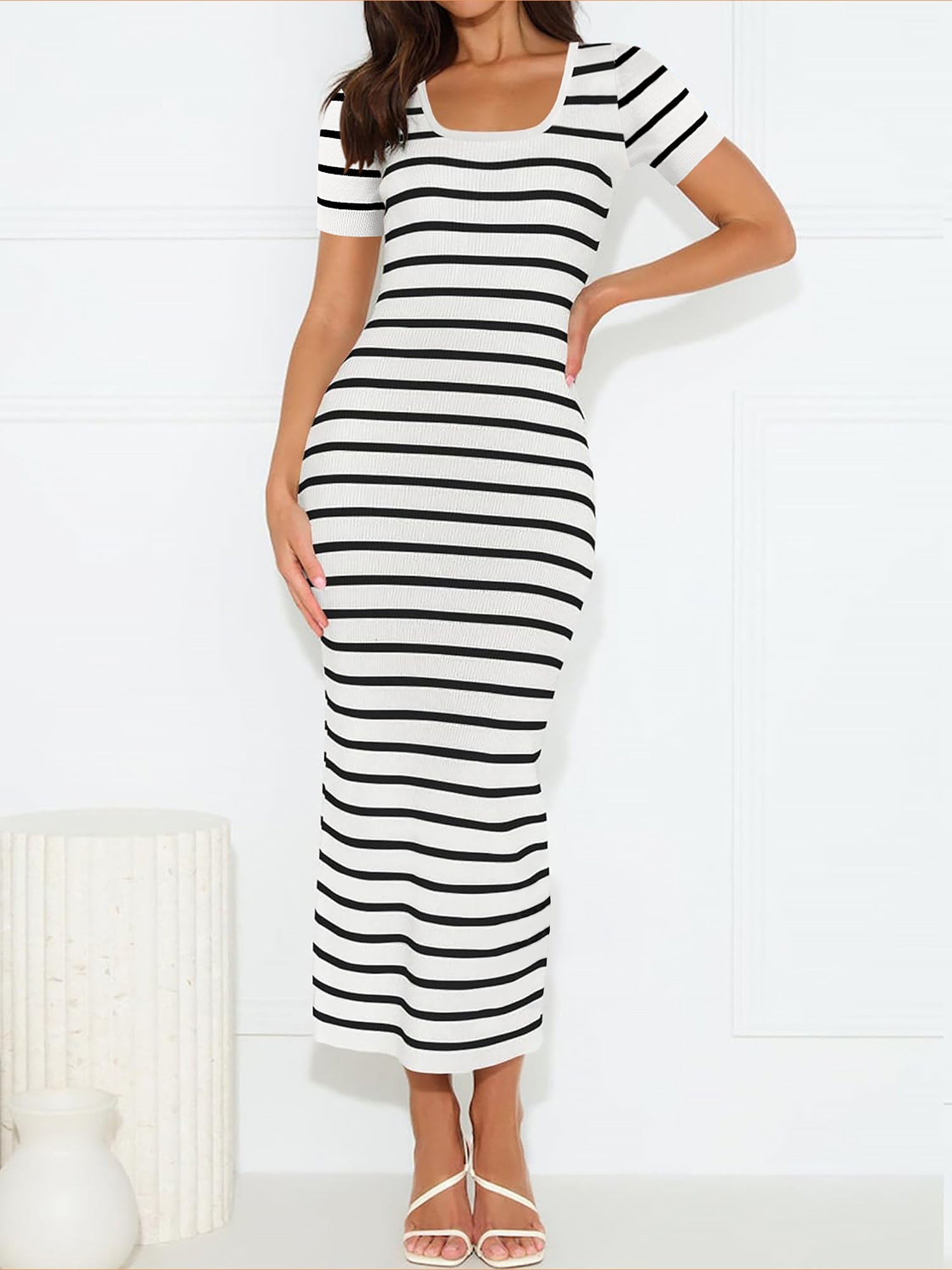 U Neck Short Sleeves Knitted Striped Maxi Dress