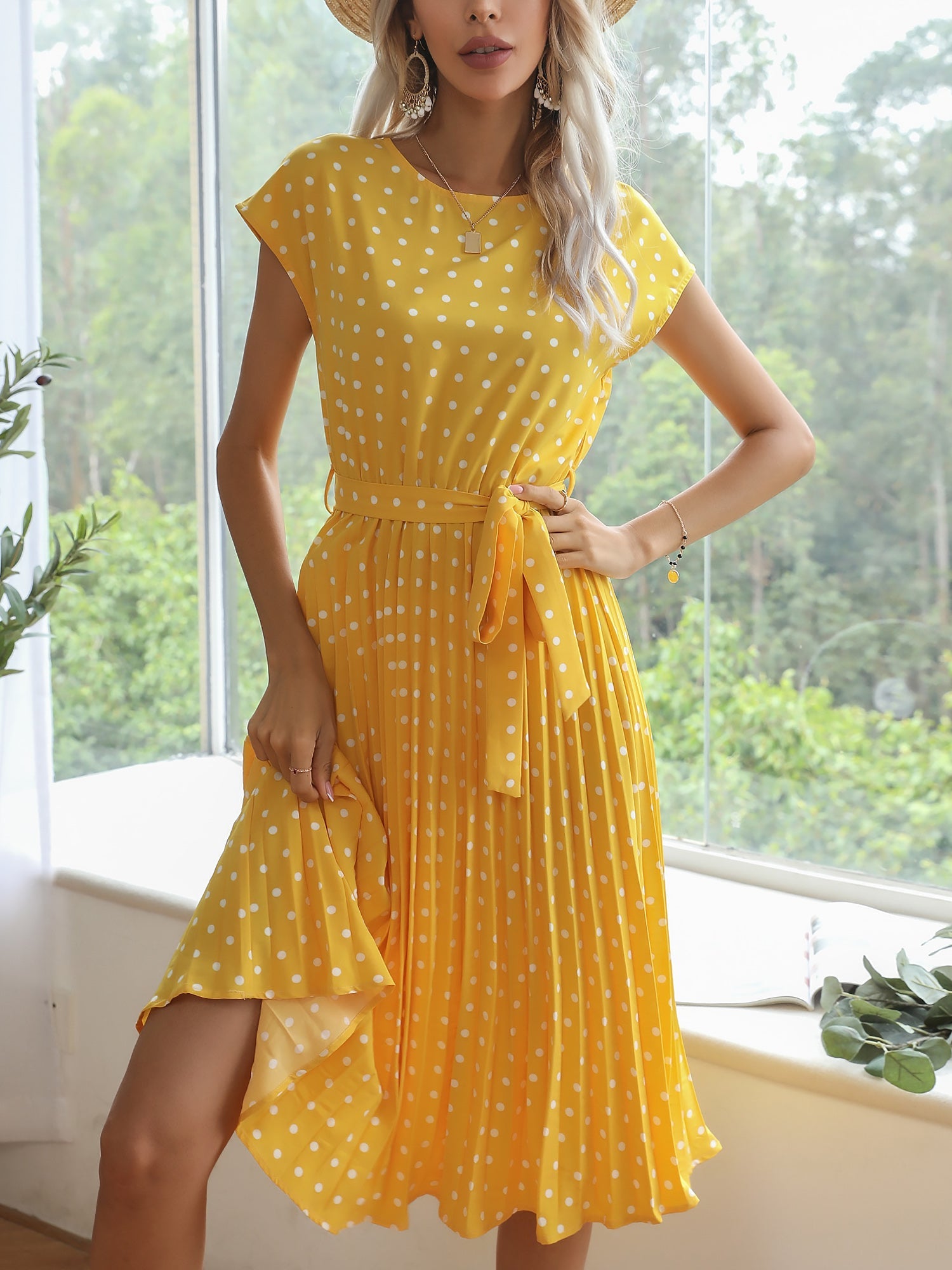 Retro-Chic Short Sleeves Polka All-Over Dot Pleated Belted Midi Casual Dress