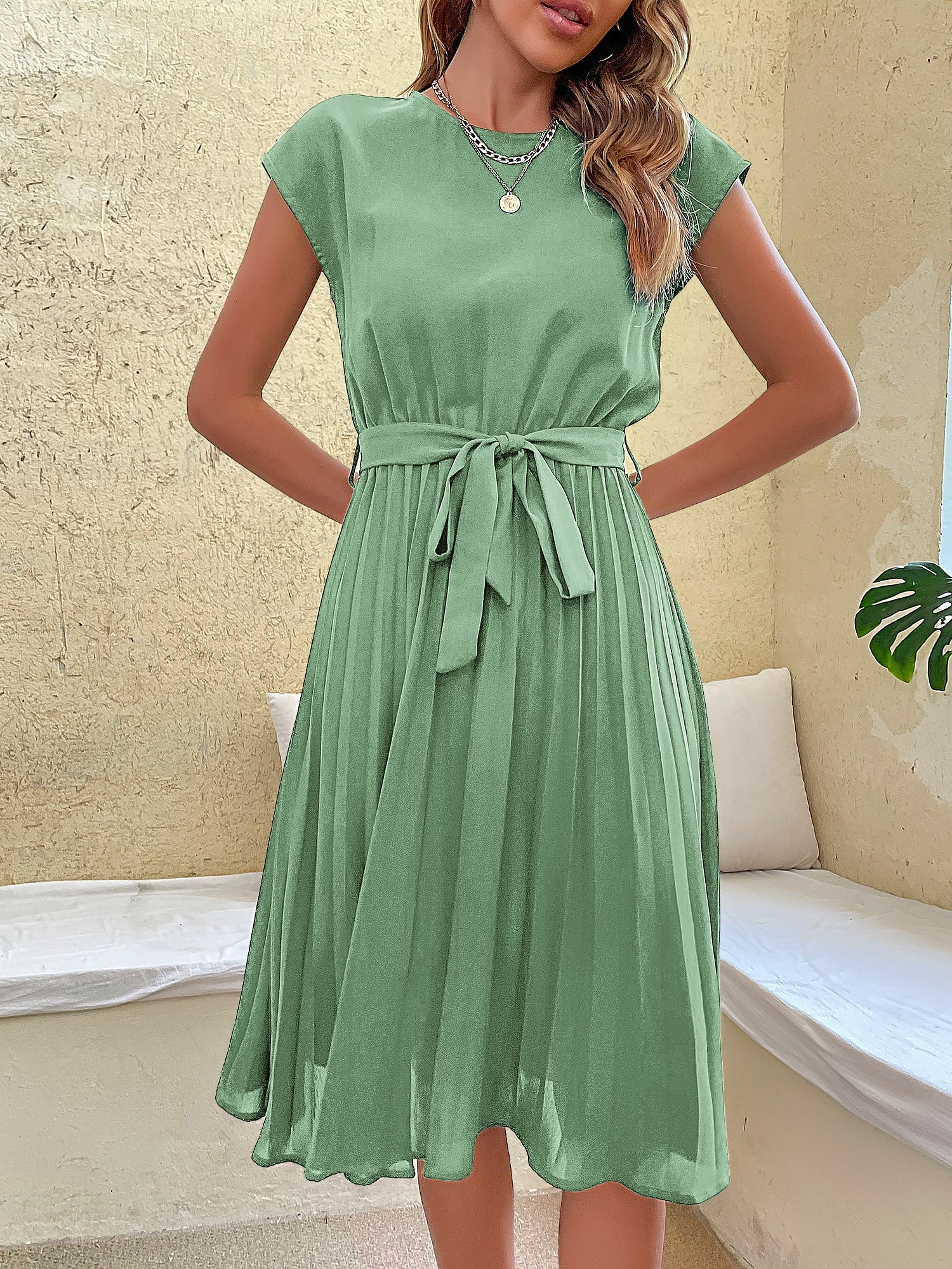 Classic A-Line Short Sleeves Solid Color Belted Pleated Midi Casual Dress