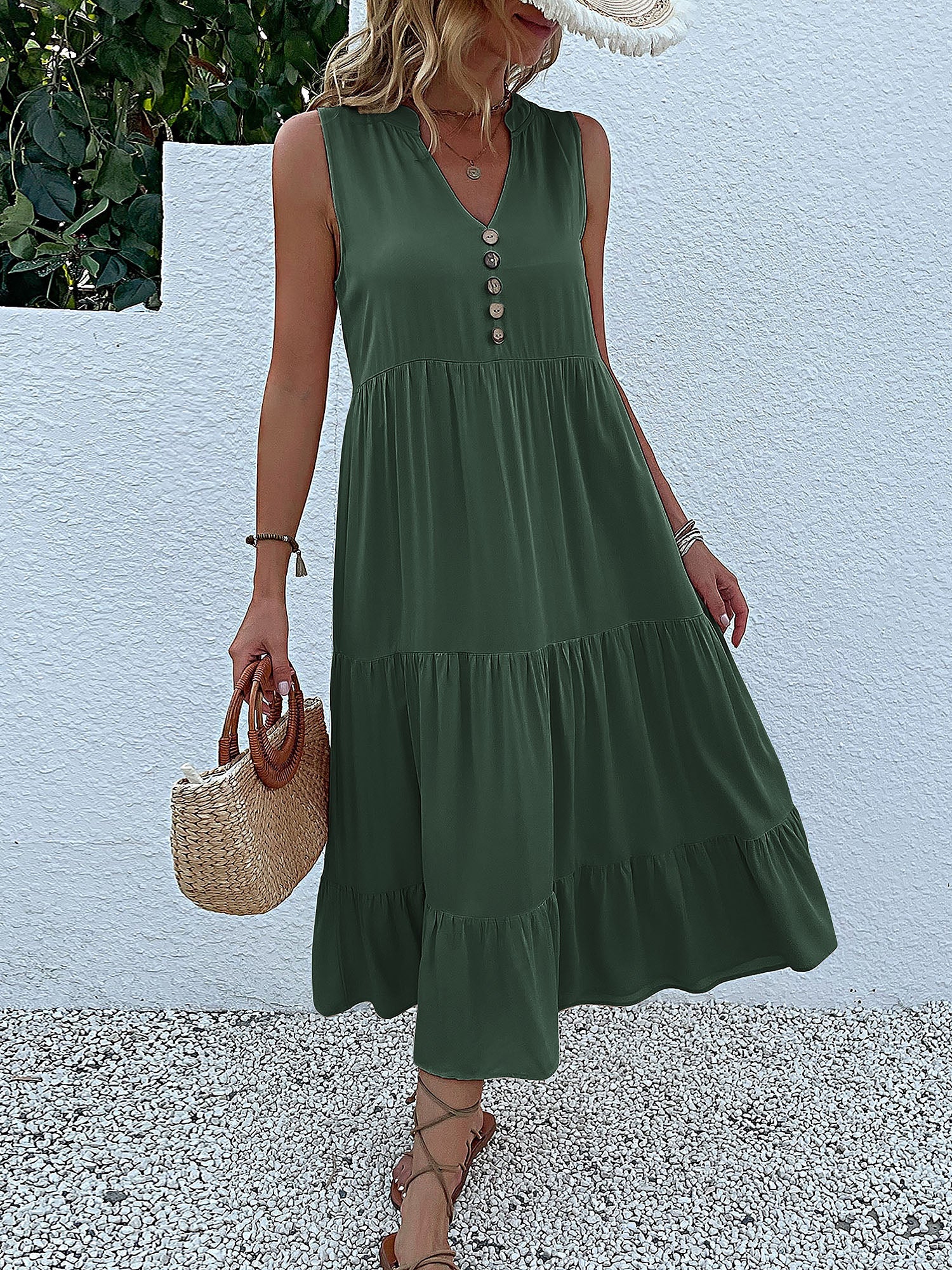 Notch Neck Buttoned Sleeveless Tiered Midi Dress