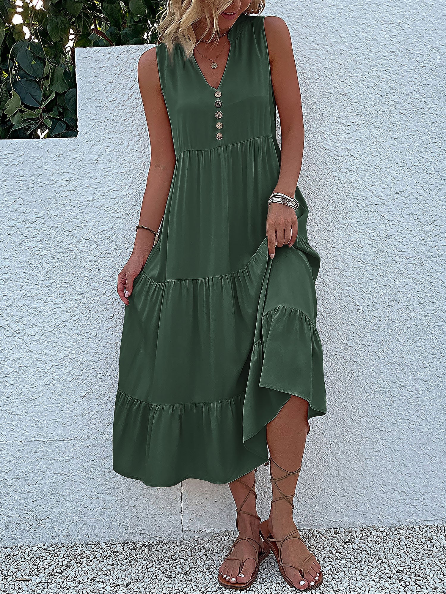 Notch Neck Buttoned Sleeveless Tiered Midi Dress
