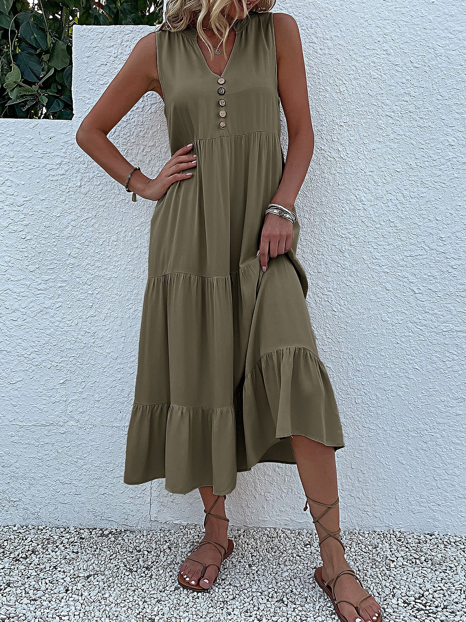 Notch Neck Buttoned Sleeveless Tiered Midi Dress