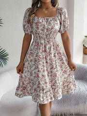 Vintage Floral & Tropical Prints Floral Off Shoulder Puff Sleeves Smocked A-Line Dress