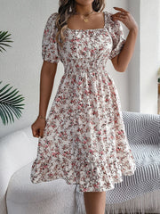 Vintage Floral & Tropical Prints Floral Off Shoulder Puff Sleeves Smocked A-Line Dress
