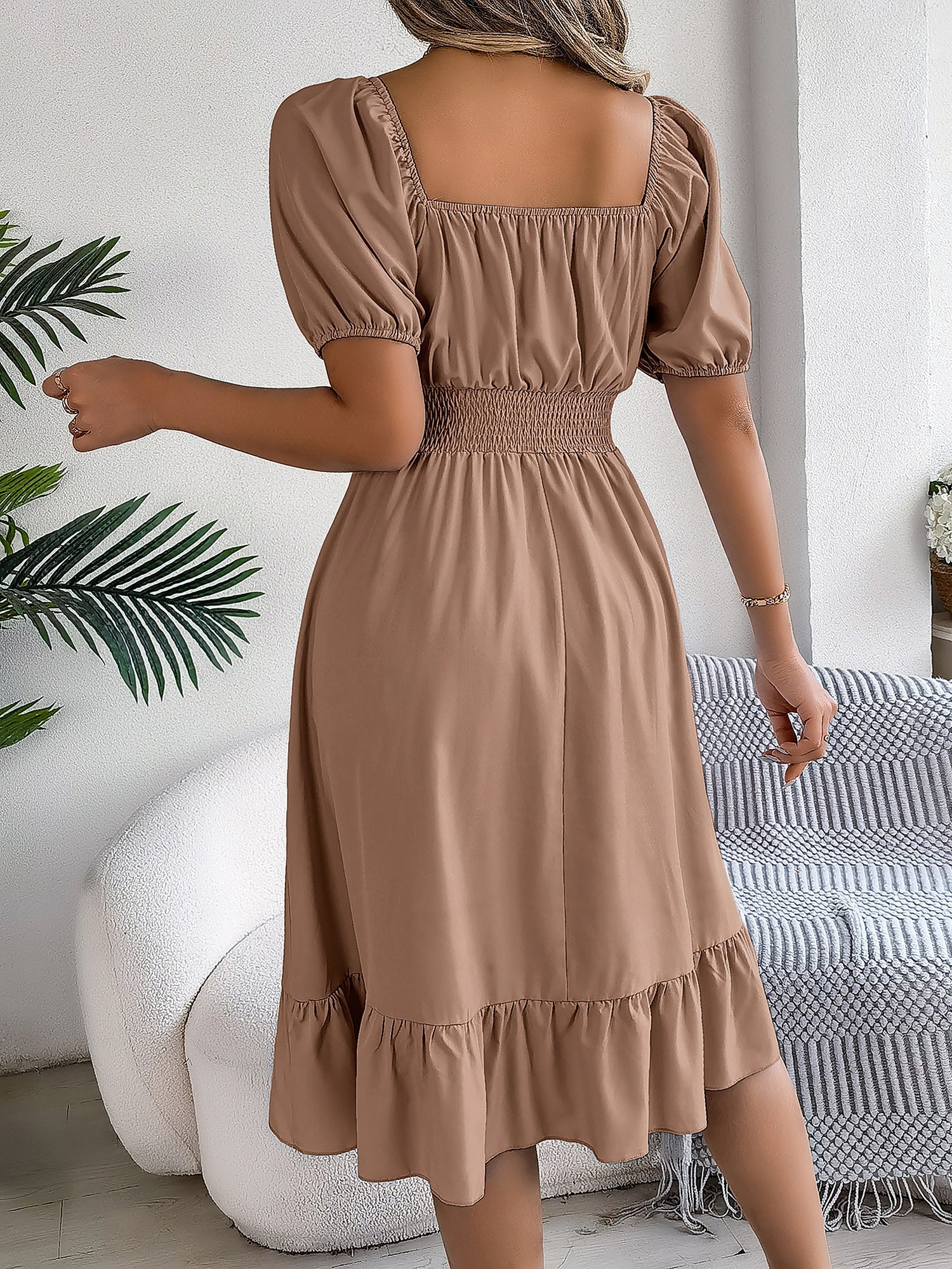 Flattering A-Line Silhouette Square Neck Puff Sleeve Smocked A-Line Midi Wedding Dress