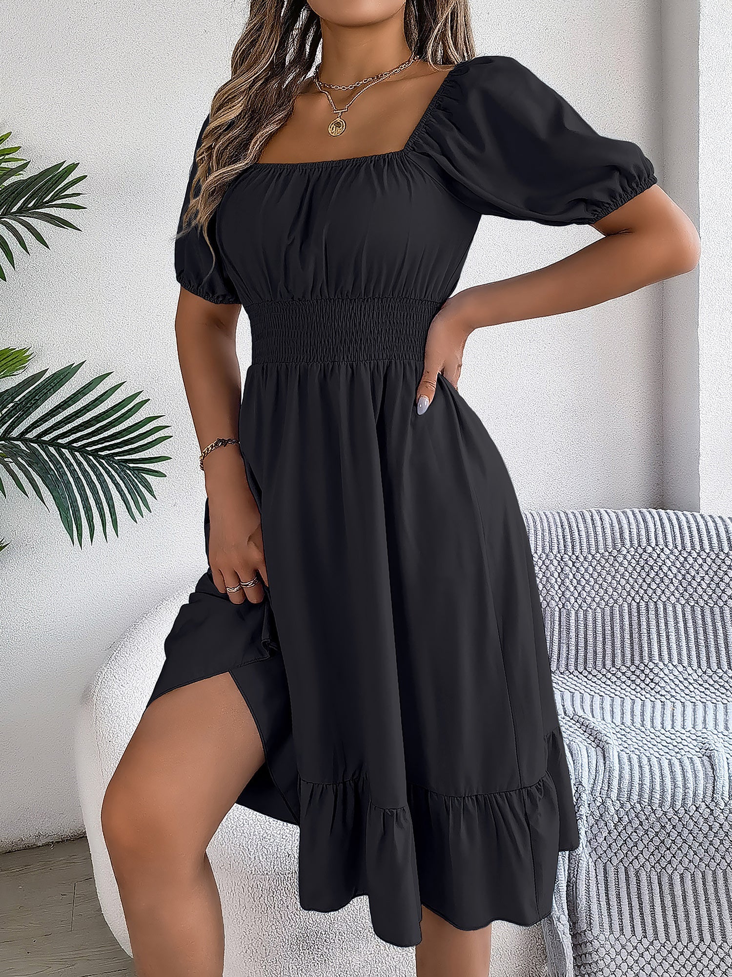 Flattering A-Line Silhouette Square Neck Puff Sleeve Smocked A-Line Midi Wedding Dress