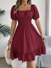 Flattering A-Line Silhouette Square Neck Puff Sleeve Smocked A-Line Midi Wedding Dress