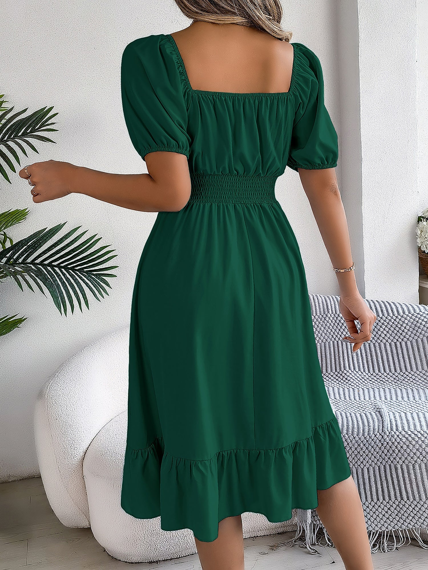 Flattering A-Line Silhouette Square Neck Puff Sleeve Smocked A-Line Midi Wedding Dress