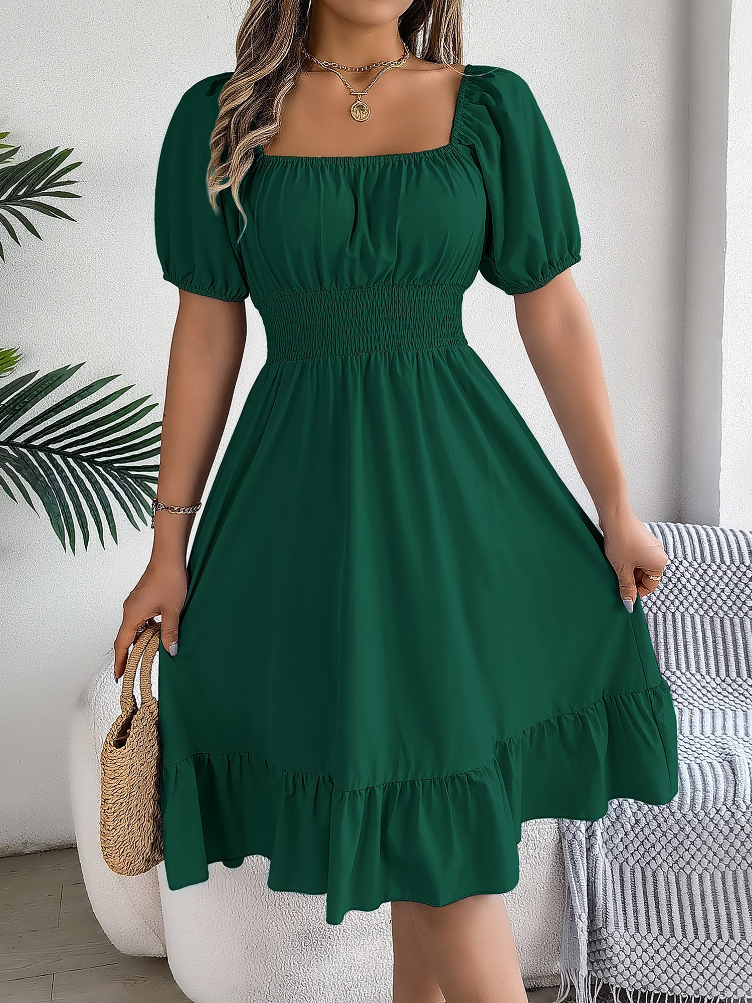 Flattering A-Line Silhouette Square Neck Puff Sleeve Smocked A-Line Midi Wedding Dress