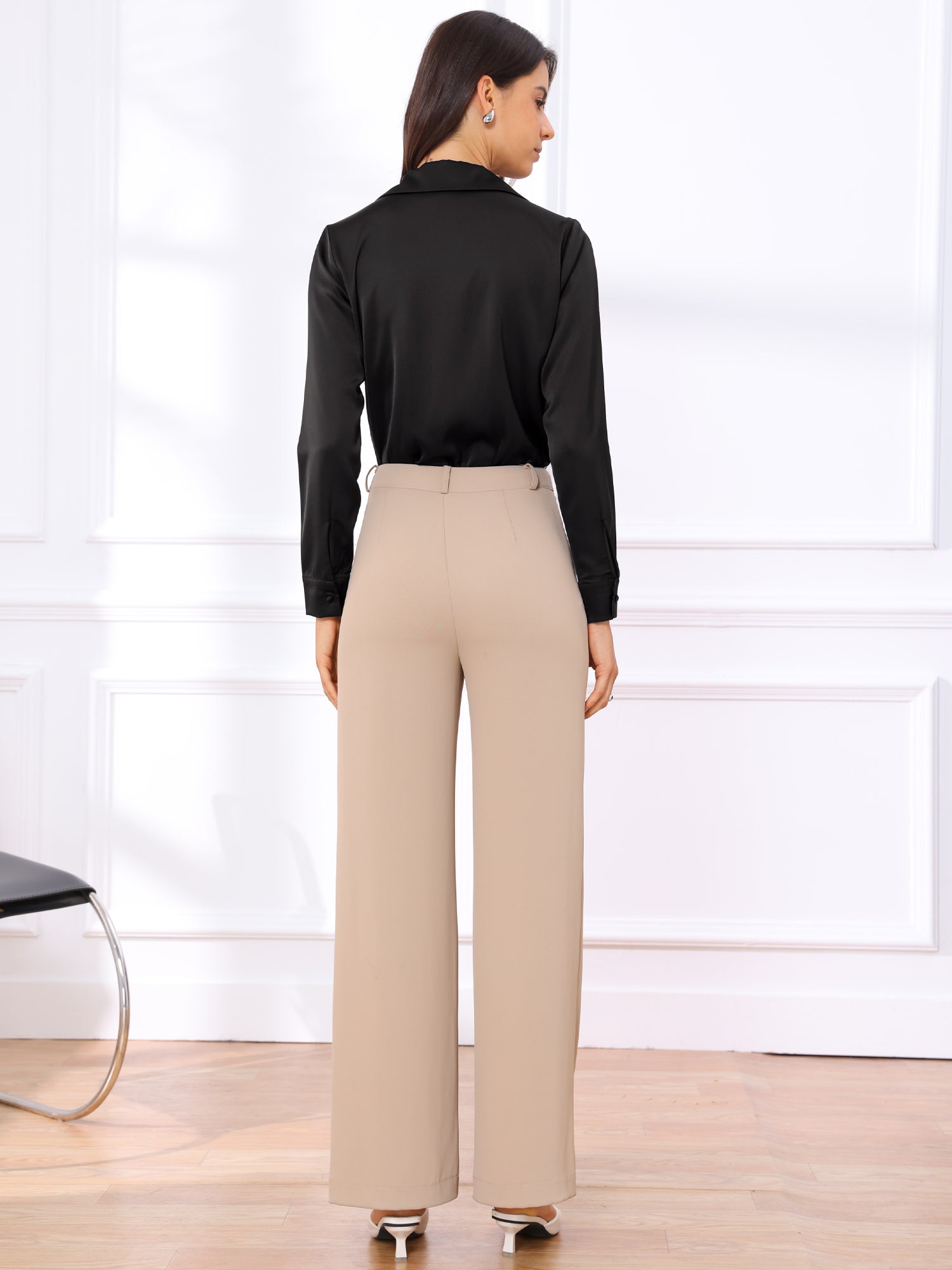Button Up Notched Lapel Long Sleeve Satin Bodysuit