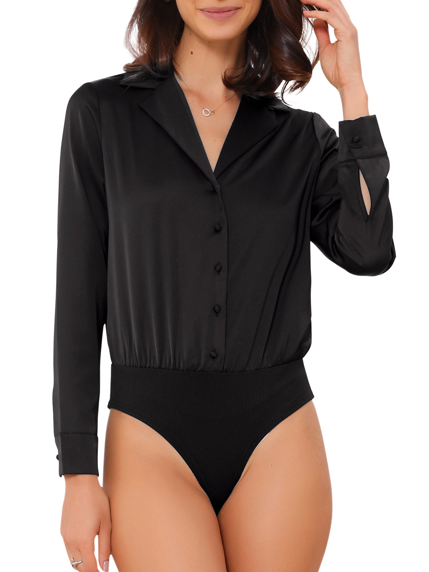 Button Up Notched Lapel Long Sleeve Satin Bodysuit