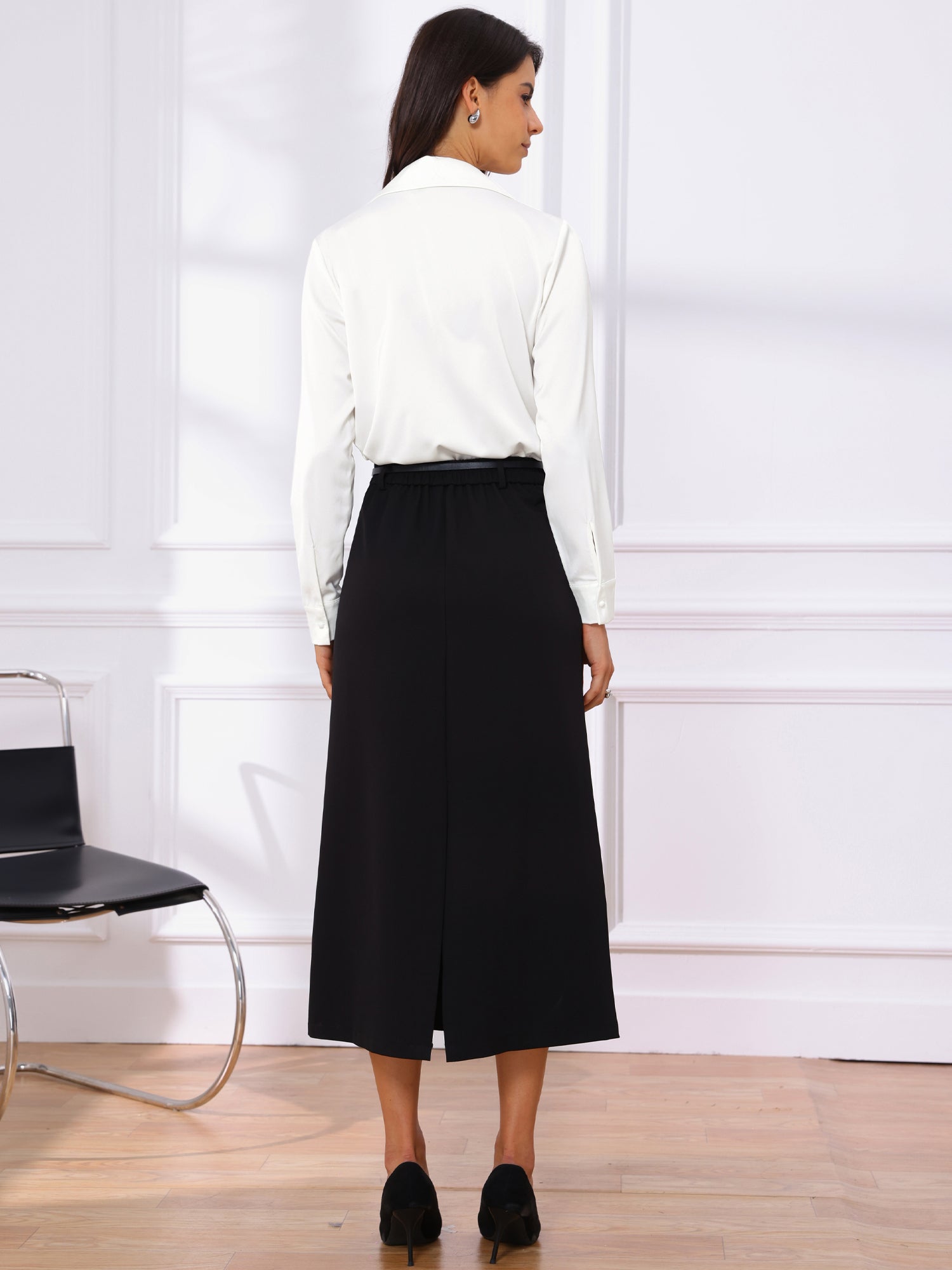 Button Up Notched Lapel Long Sleeve Satin Bodysuit