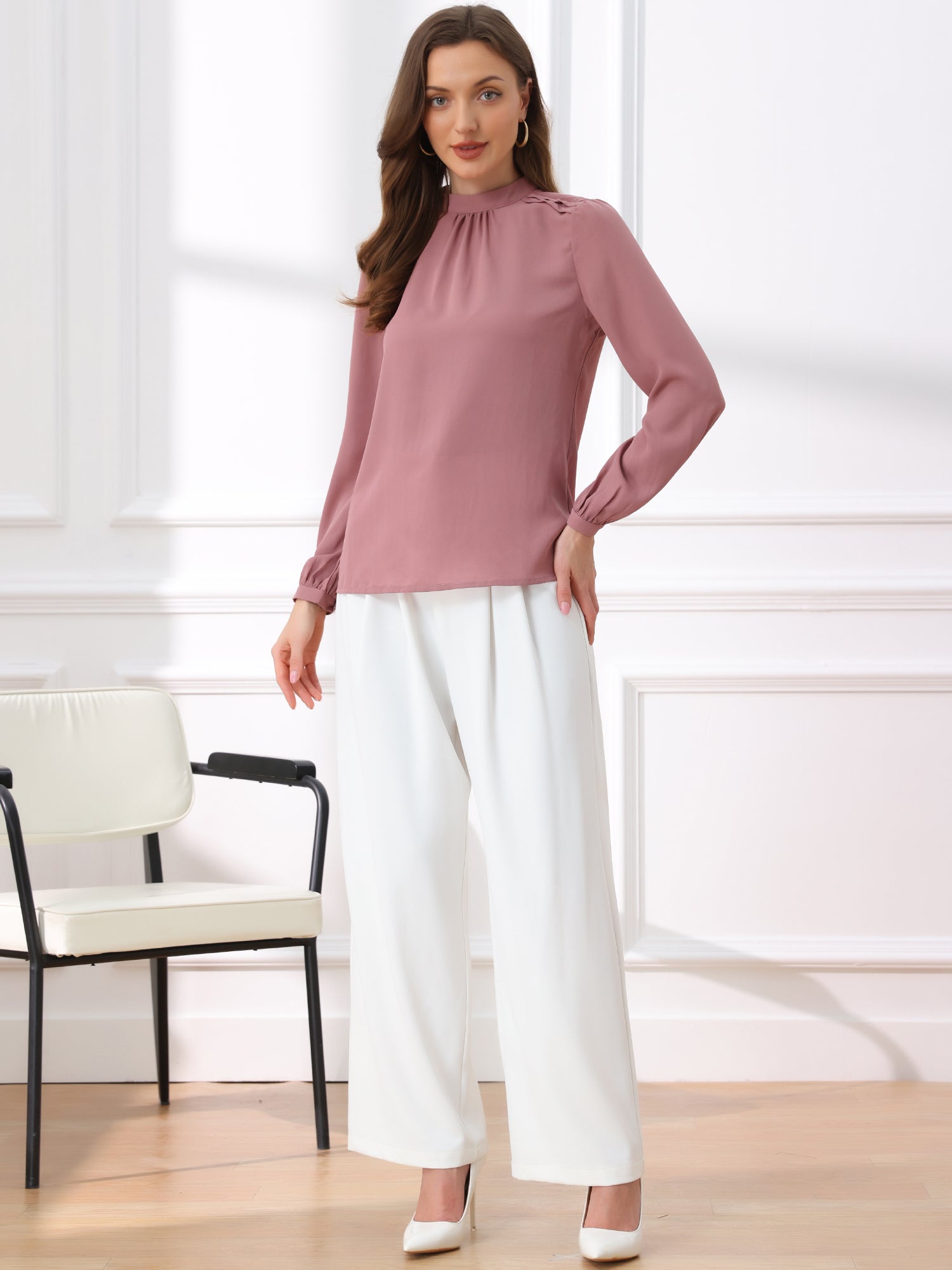 Chiffon Shirt Work Office Mock Neck Long Sleeve Blouse