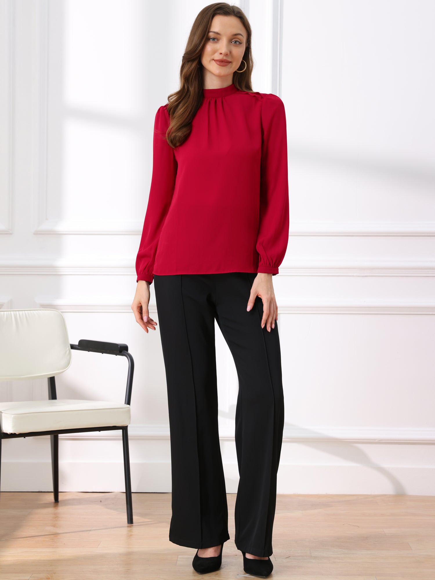 Chiffon Shirt Work Office Mock Neck Long Sleeve Blouse