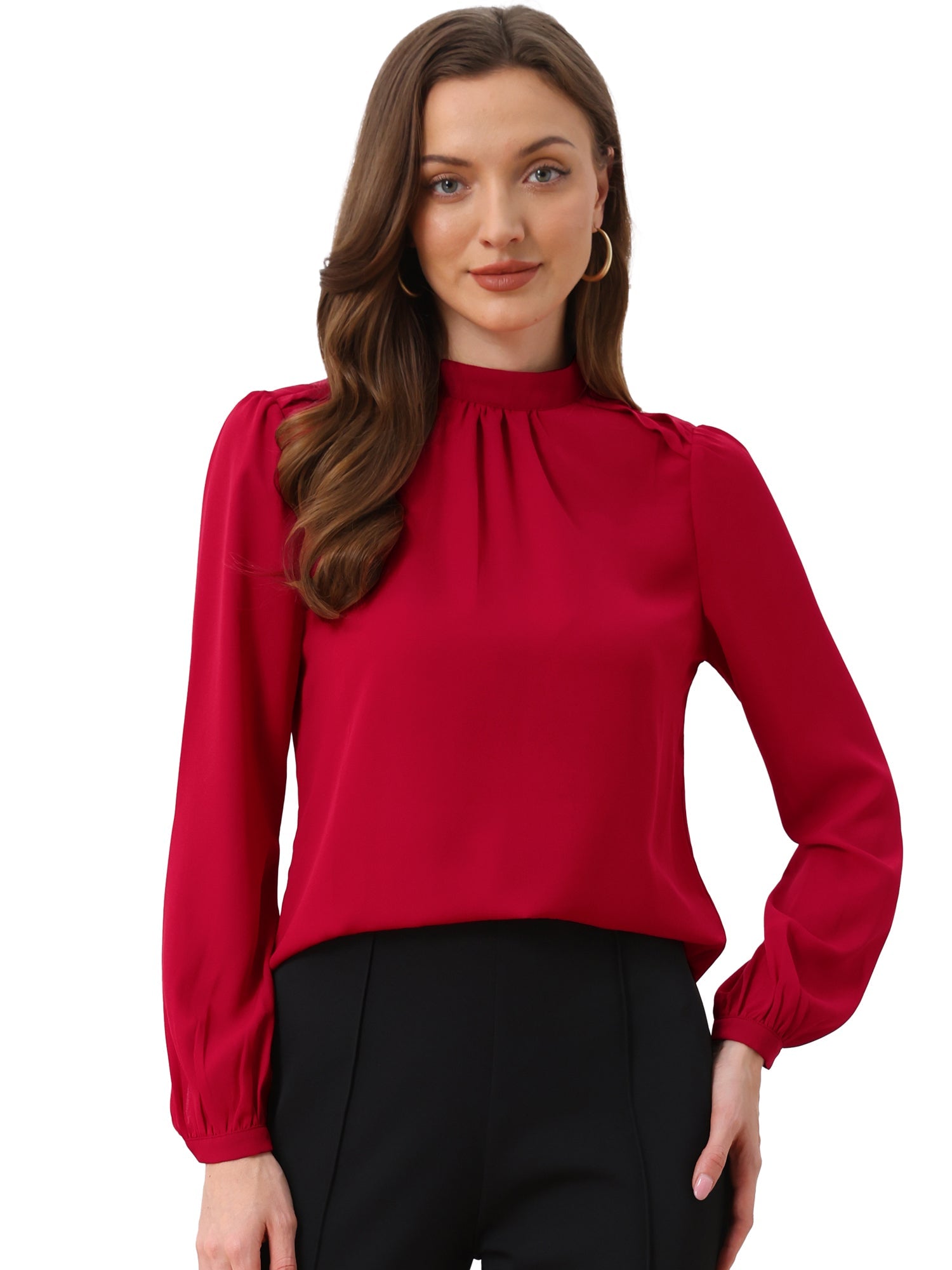 Chiffon Shirt Work Office Mock Neck Long Sleeve Blouse