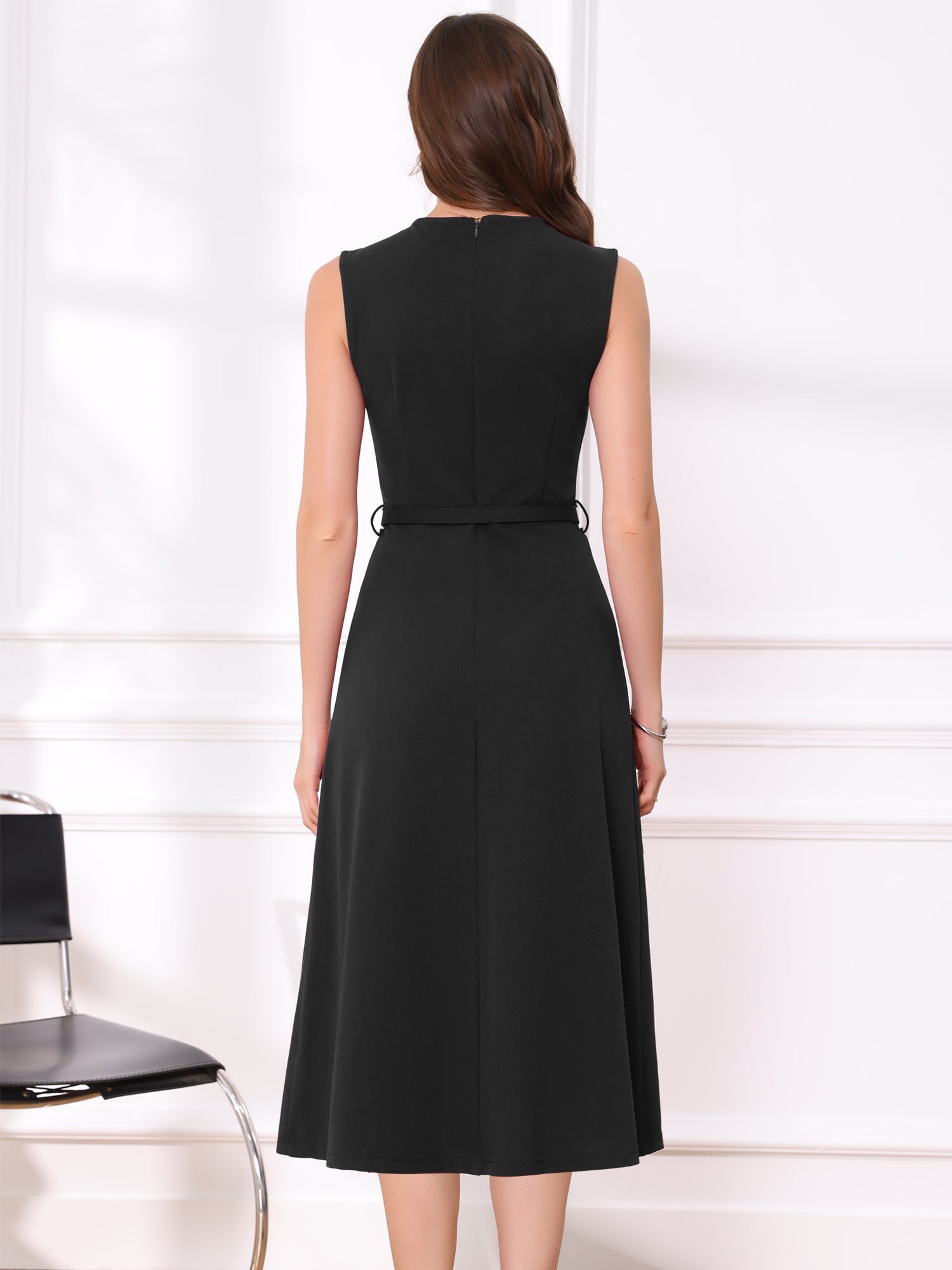 Work Sleeveless Crew Neck Belted A-Line Office Dress
