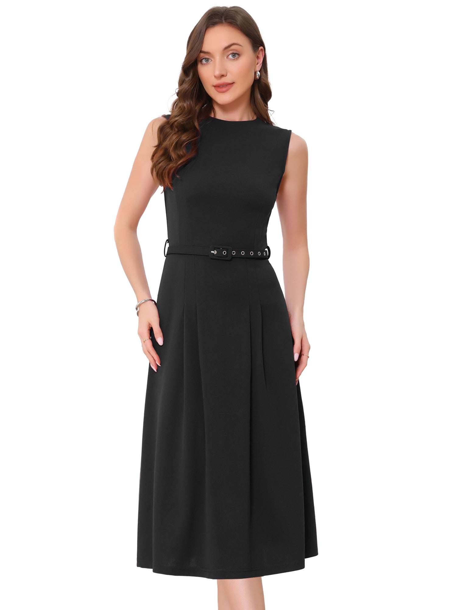 Work Sleeveless Crew Neck Belted A-Line Office Dress