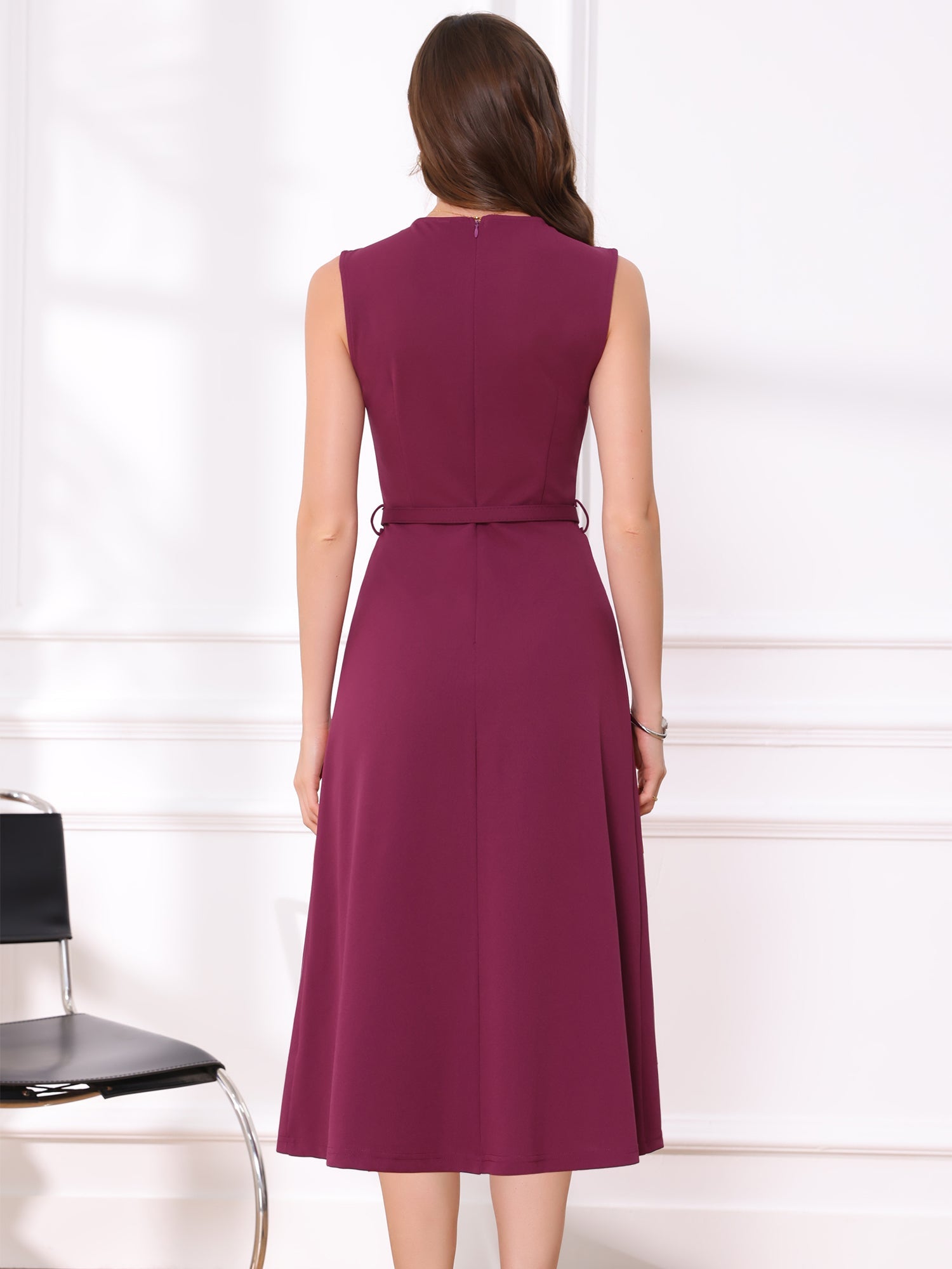 Work Sleeveless Crew Neck Belted A-Line Office Dress