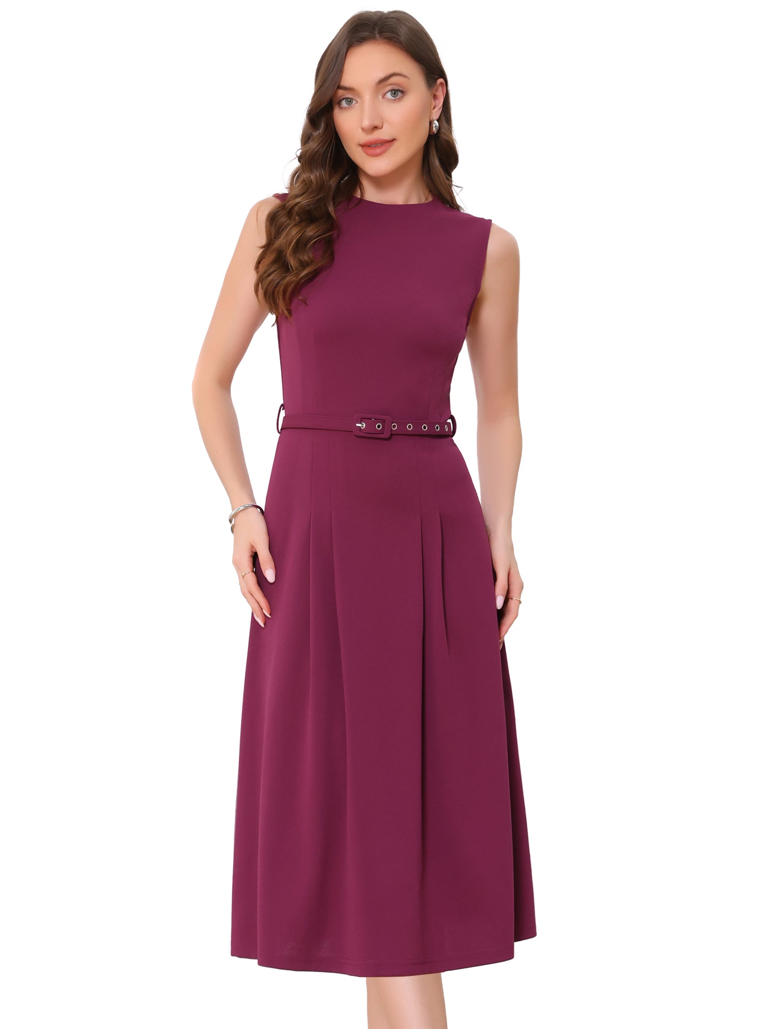 Work Sleeveless Crew Neck Belted A-Line Office Dress