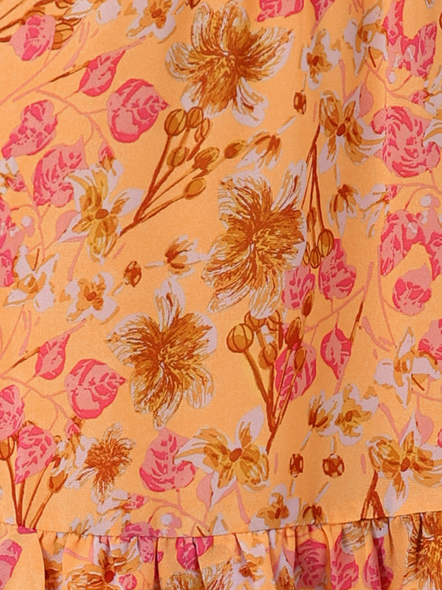 Ruffle Sleeve V Neck Above Knee A-Line Floral Chiffon Dress