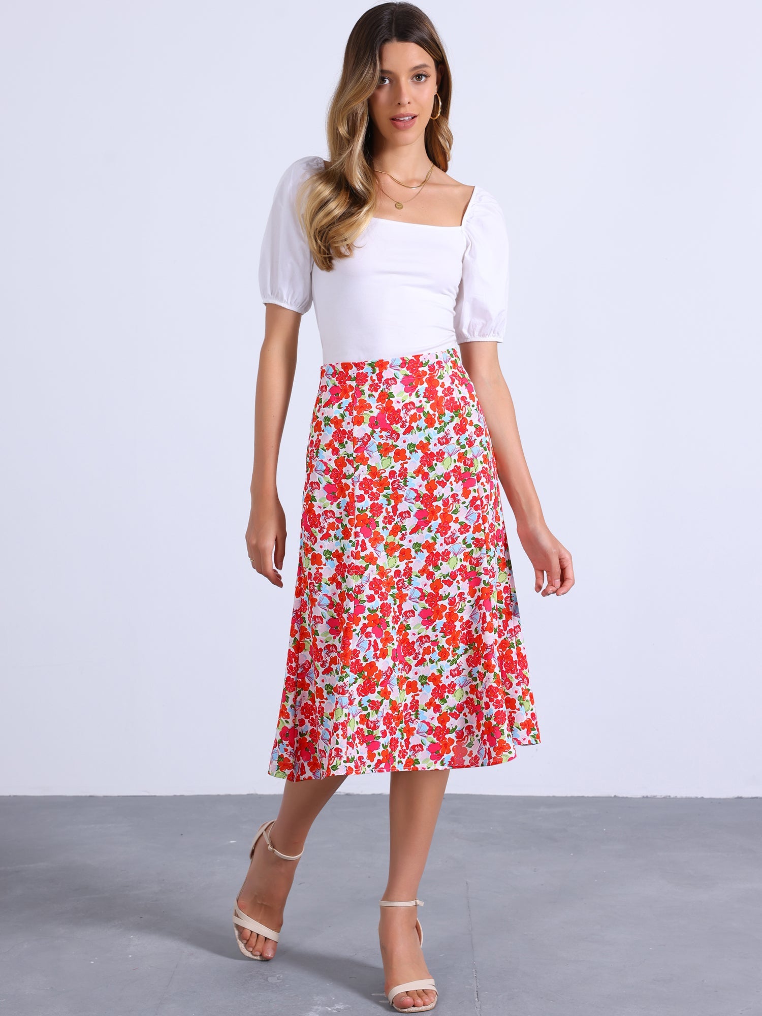 Floral Peasant Elastic Waist A-Line Ditsy Leave Midi Skirt