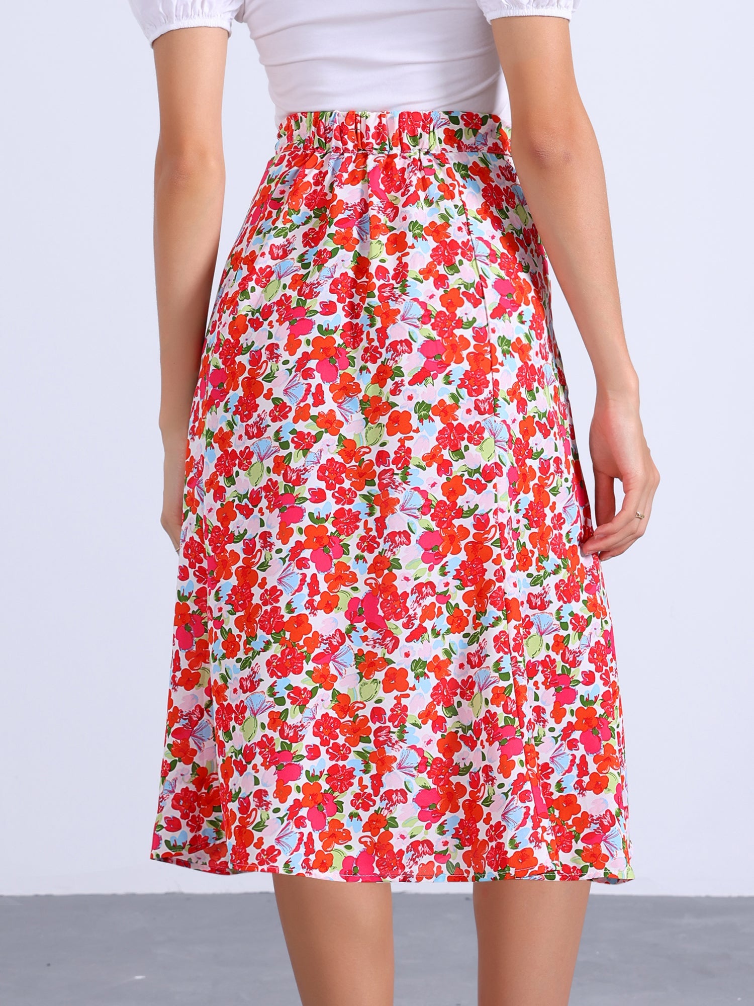 Floral Peasant Elastic Waist A-Line Ditsy Leave Midi Skirt