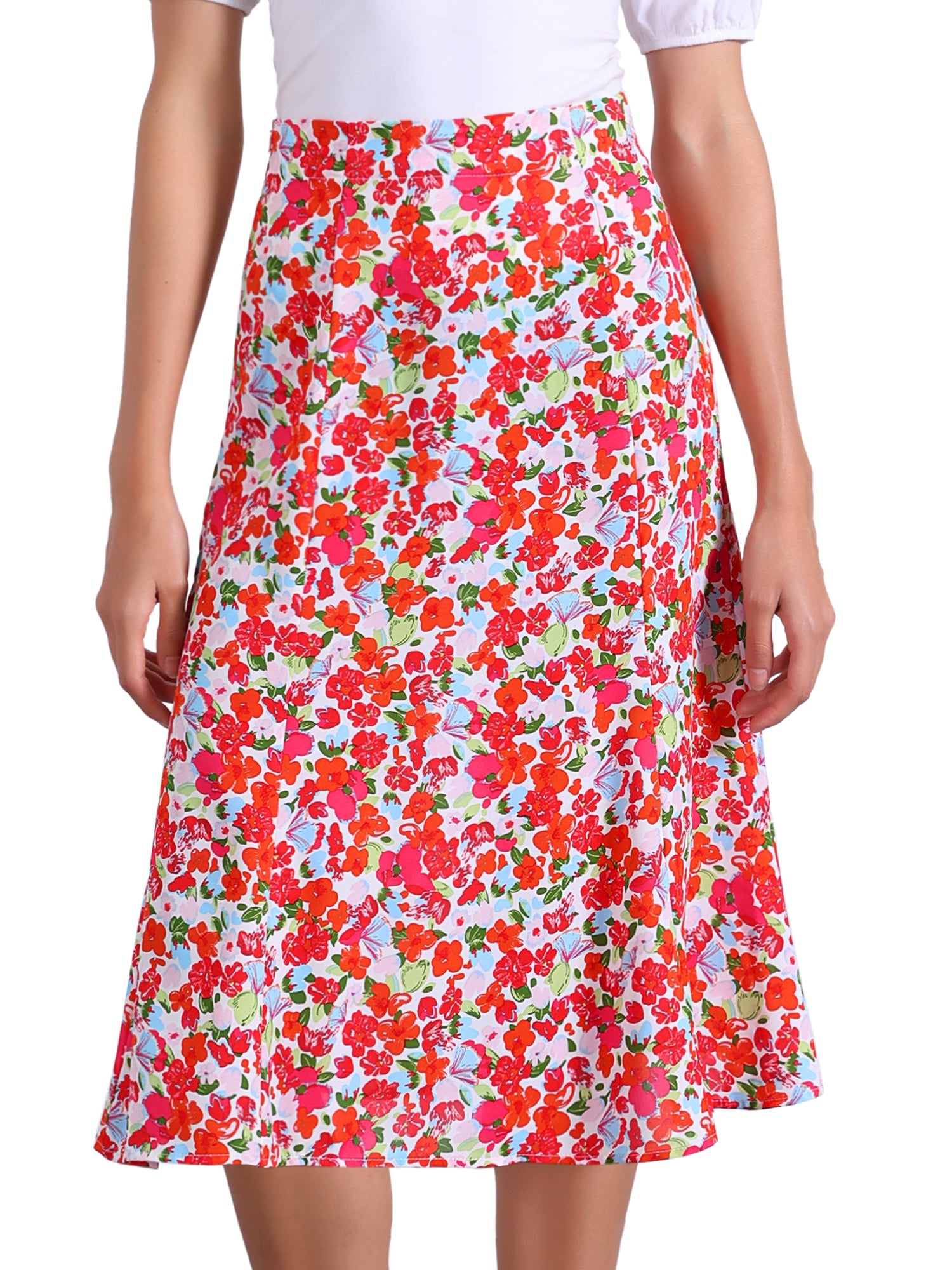 Floral Peasant Elastic Waist A-Line Ditsy Leave Midi Skirt