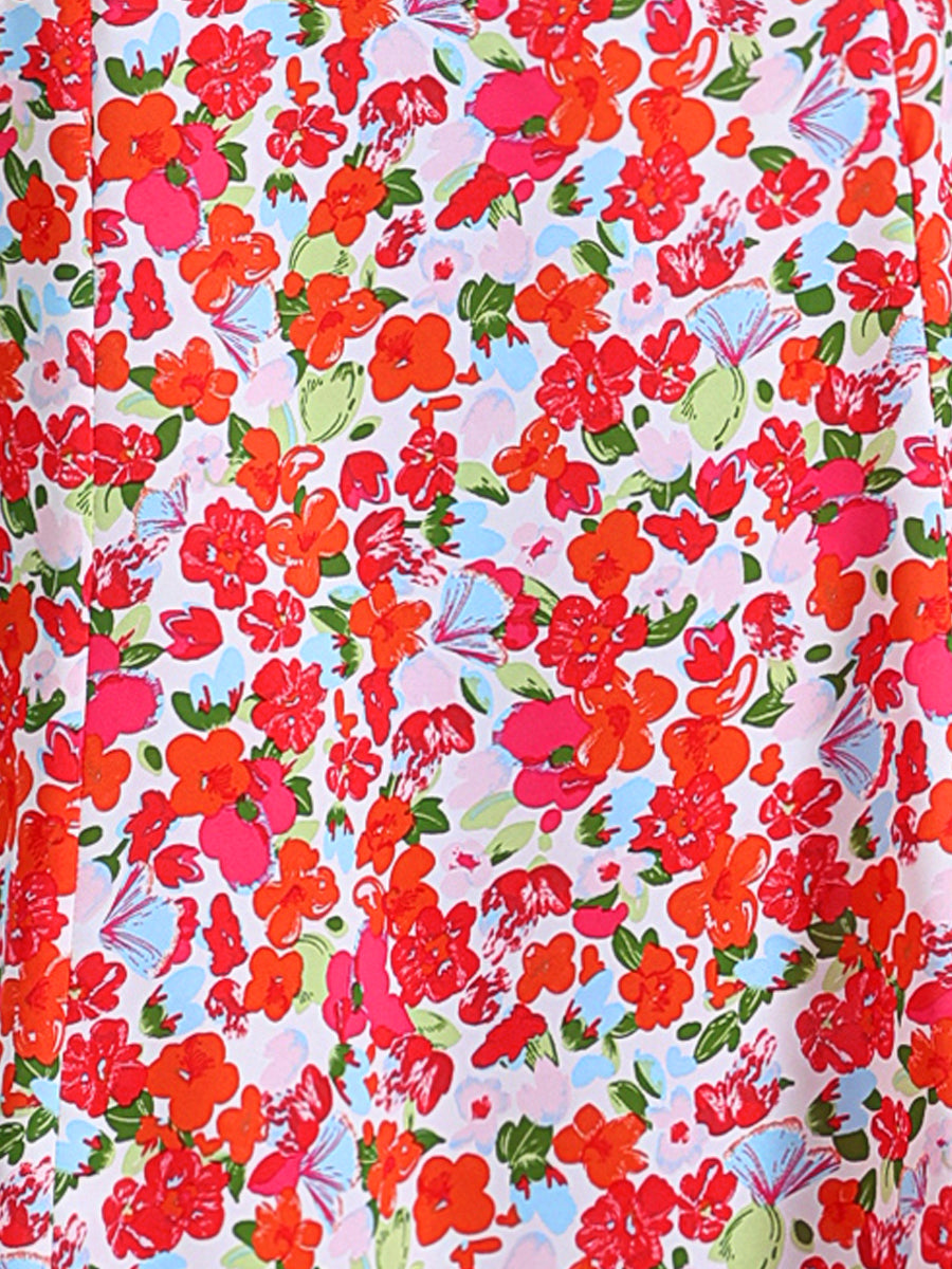 Floral Peasant Elastic Waist A-Line Ditsy Leave Midi Skirt
