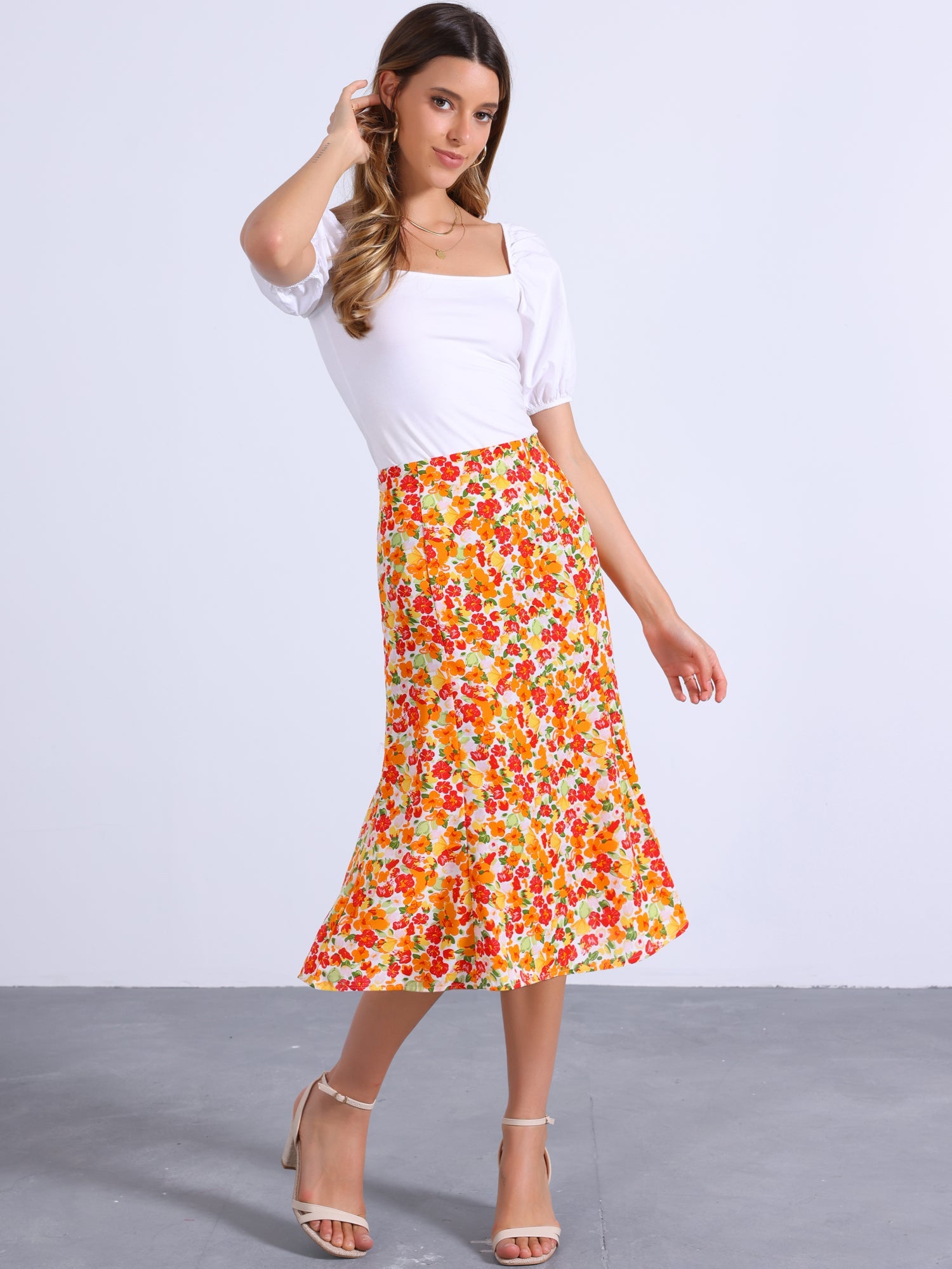 Floral Peasant Elastic Waist A-Line Ditsy Leave Midi Skirt