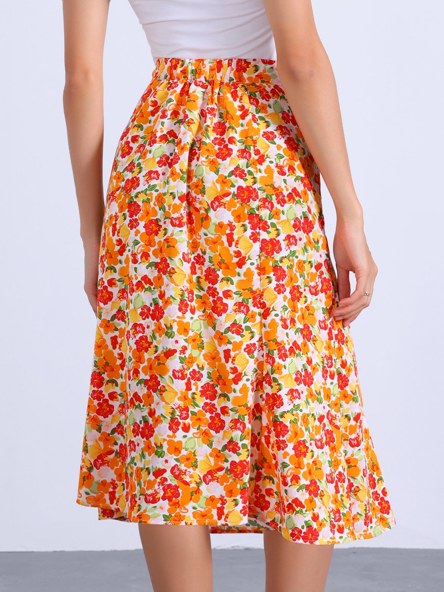 Floral Peasant Elastic Waist A-Line Ditsy Leave Midi Skirt