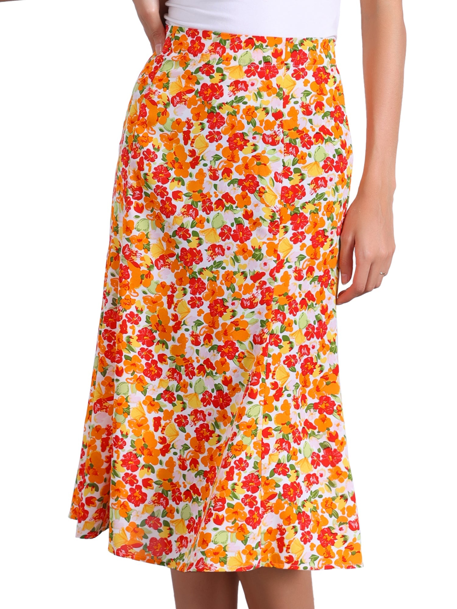 Floral Peasant Elastic Waist A-Line Ditsy Leave Midi Skirt