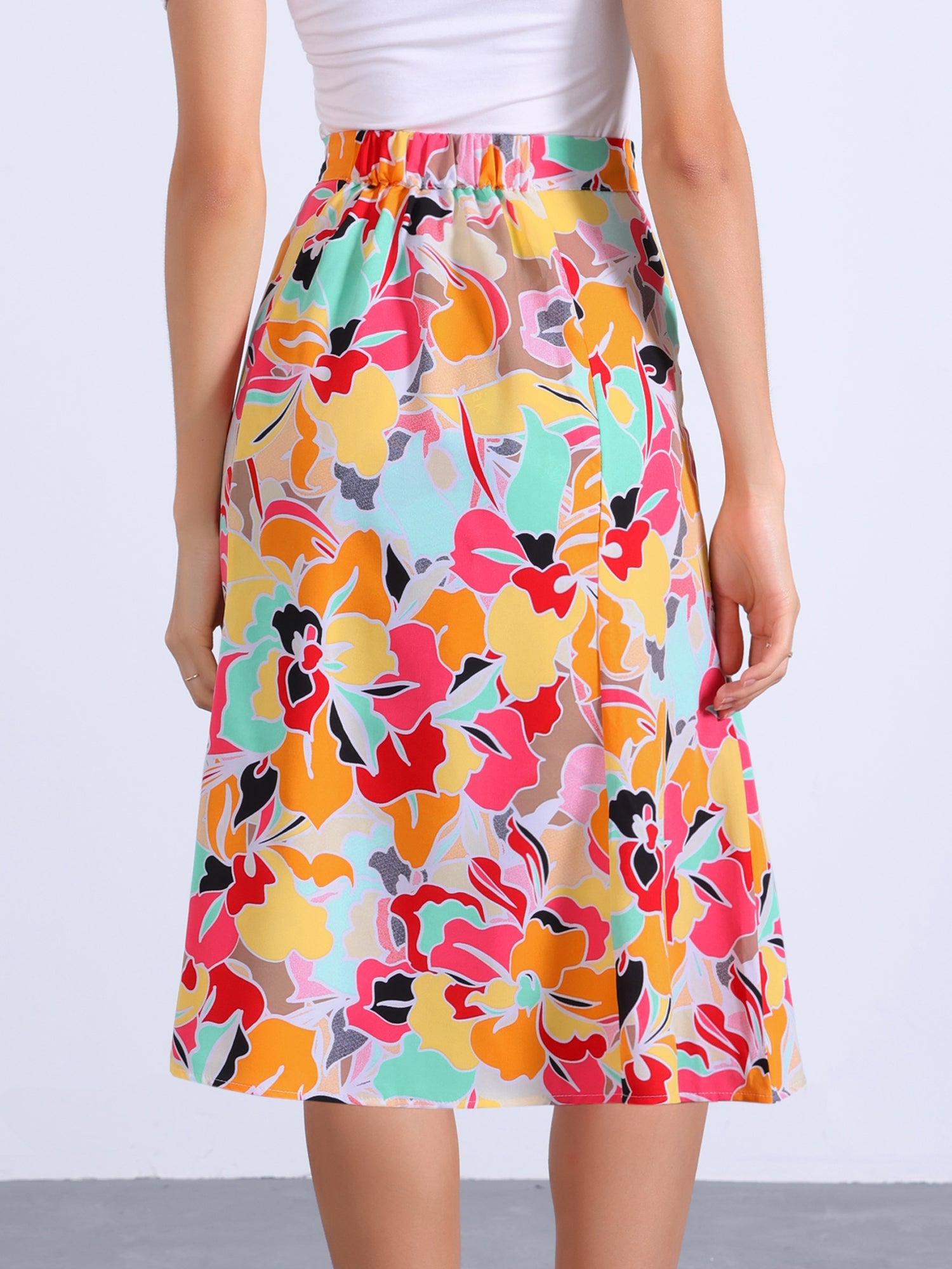 Floral Peasant Elastic Waist A-Line Ditsy Leave Midi Skirt