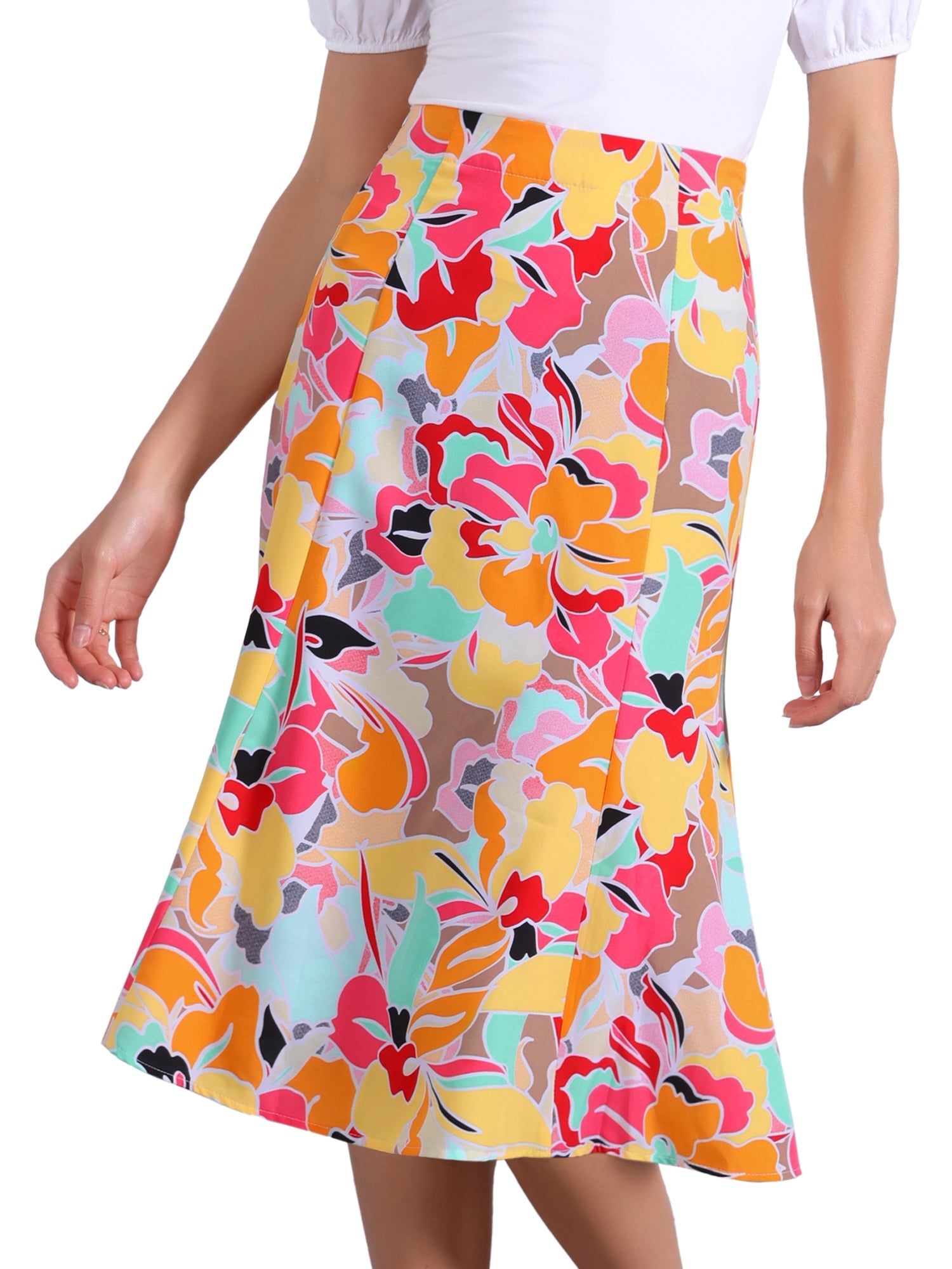 Floral Peasant Elastic Waist A-Line Ditsy Leave Midi Skirt