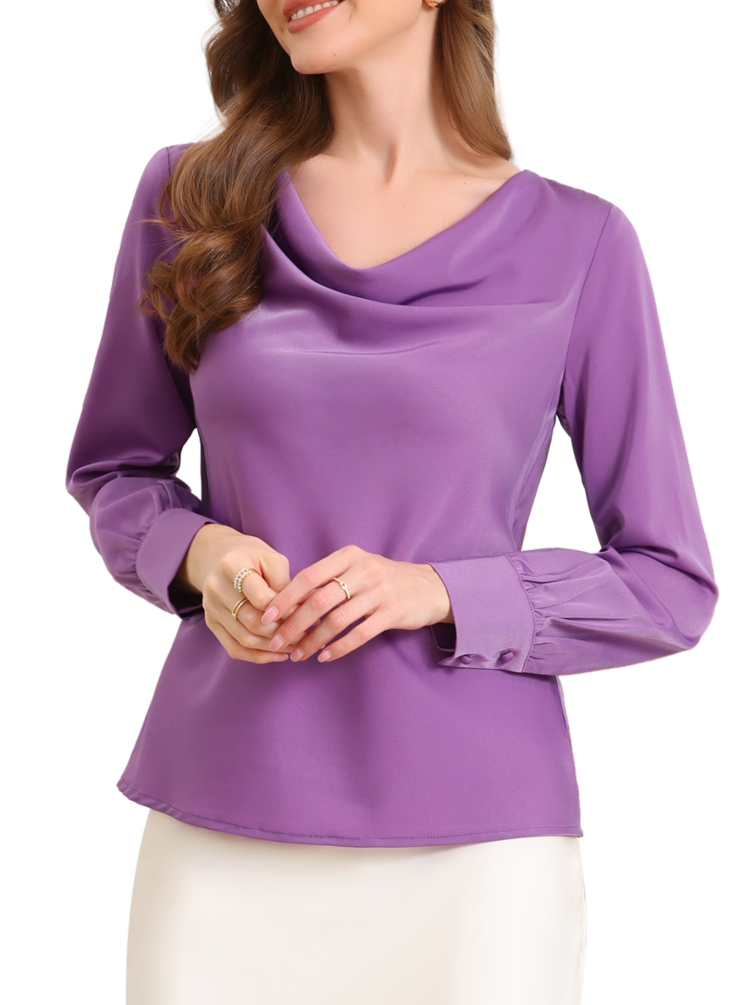 Cowl Neck Long Sleeves Office Satin Blouse