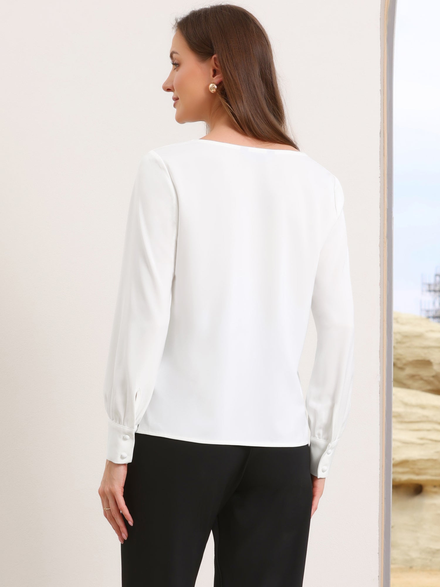 Cowl Neck Long Sleeves Office Satin Blouse