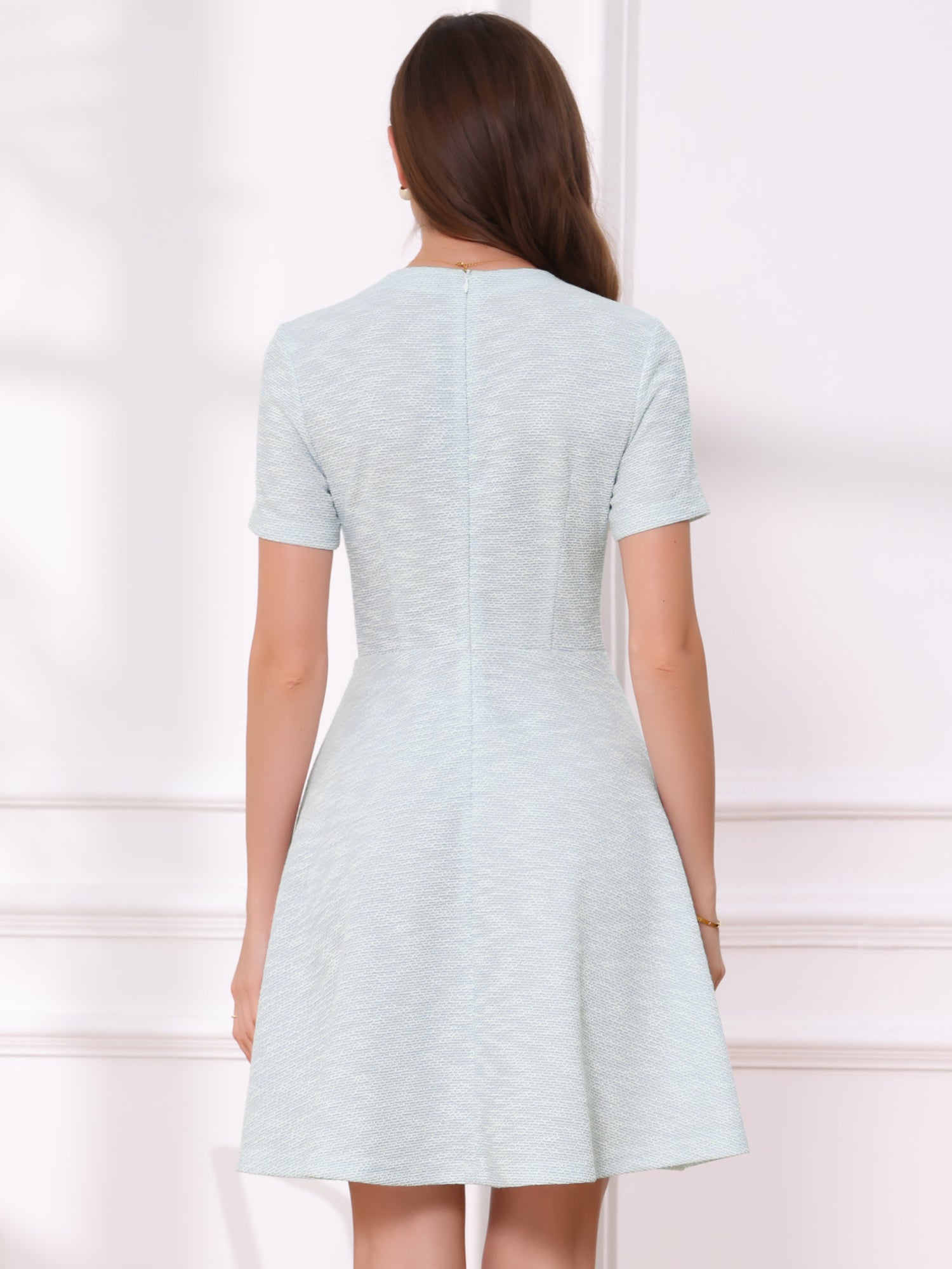 Tweed Button Decor Round Neck Short Sleeve A-Line Mini Dress