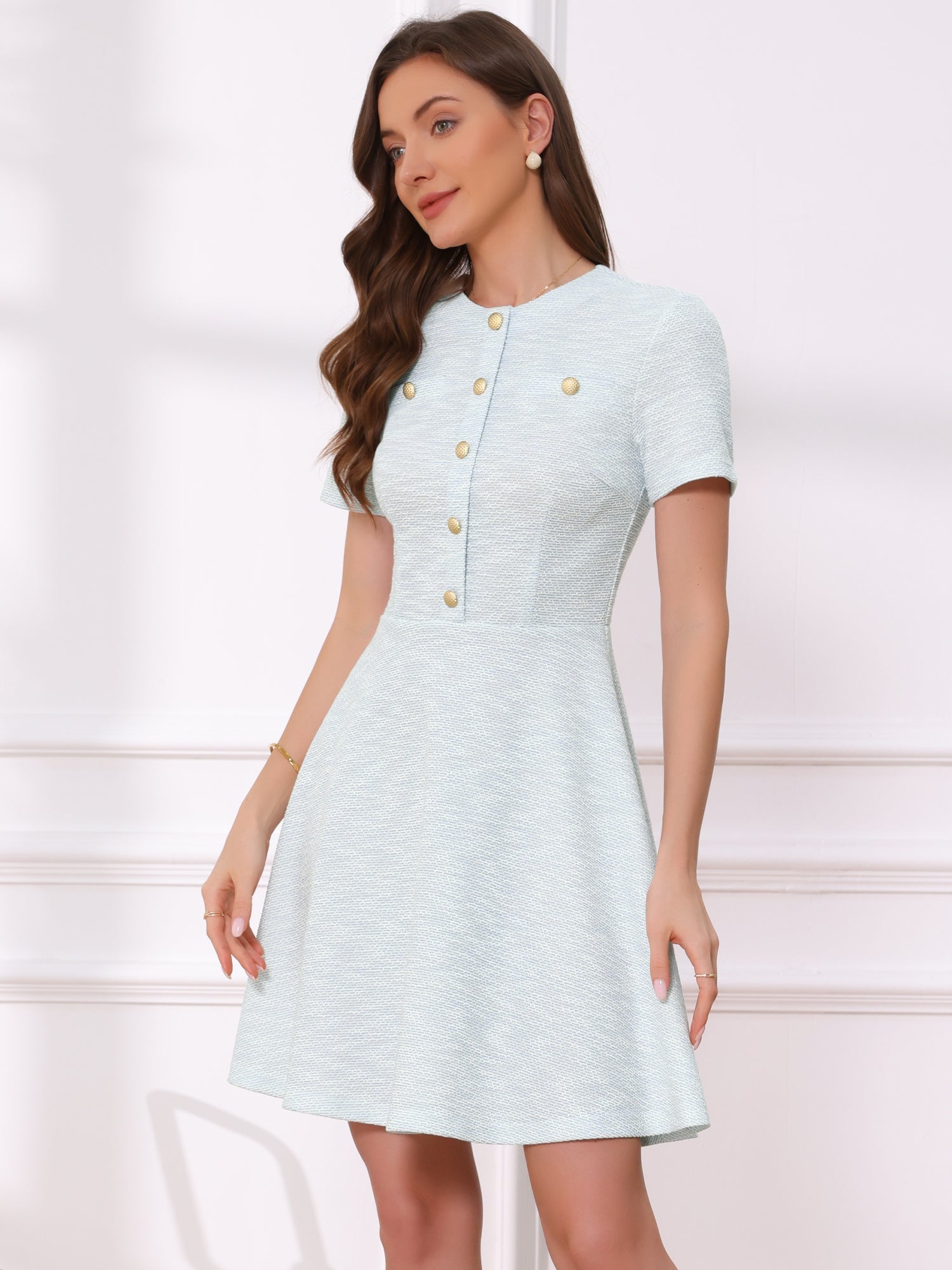 Tweed Button Decor Round Neck Short Sleeve A-Line Mini Dress