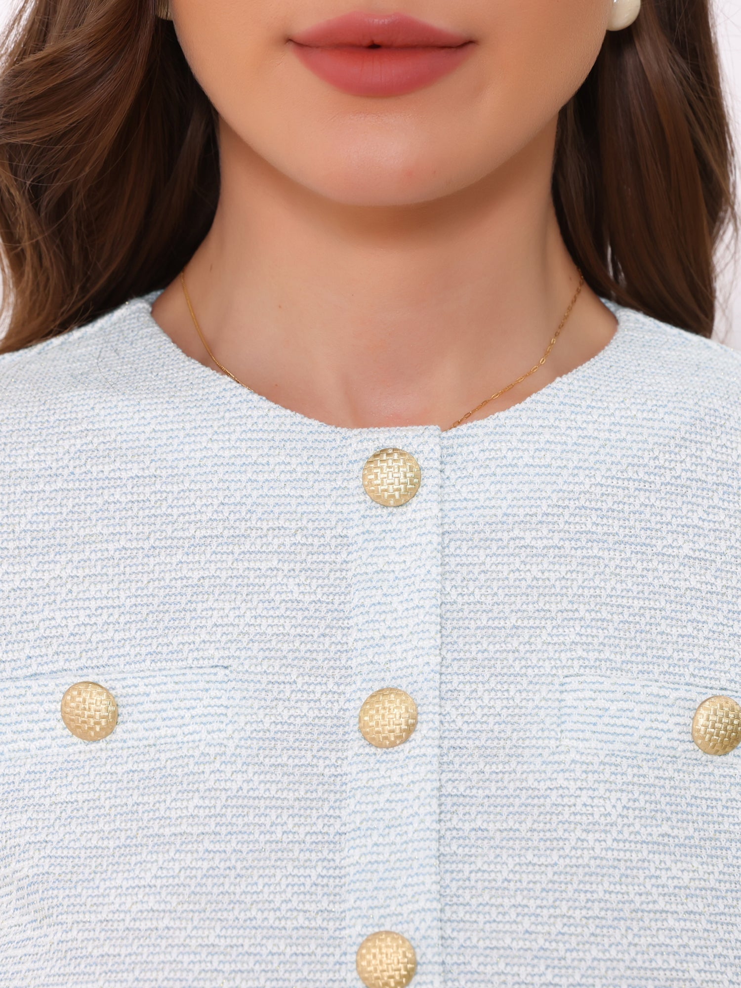 Tweed Button Decor Round Neck Short Sleeve A-Line Mini Dress