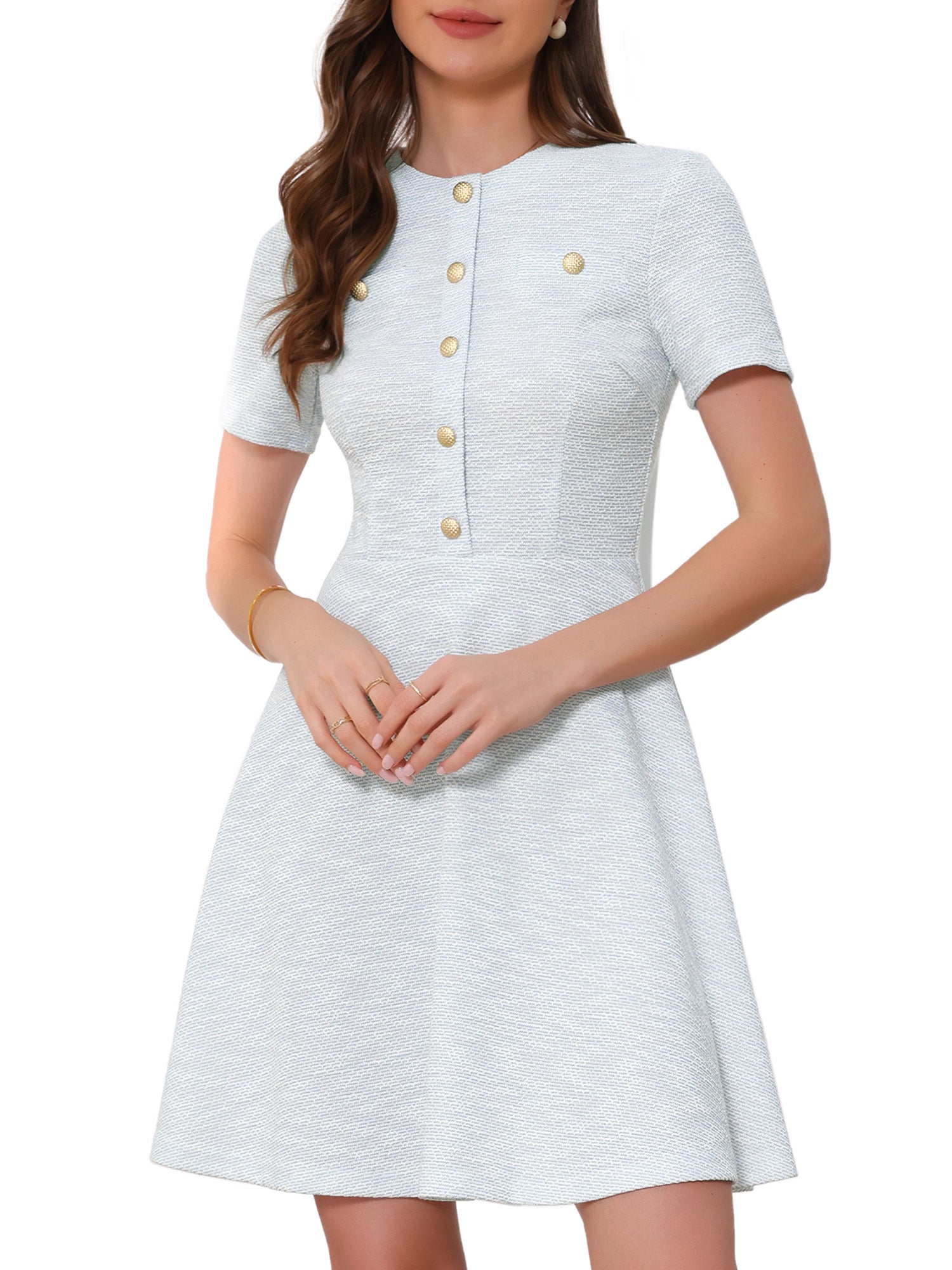 Tweed Button Decor Round Neck Short Sleeve A-Line Mini Dress